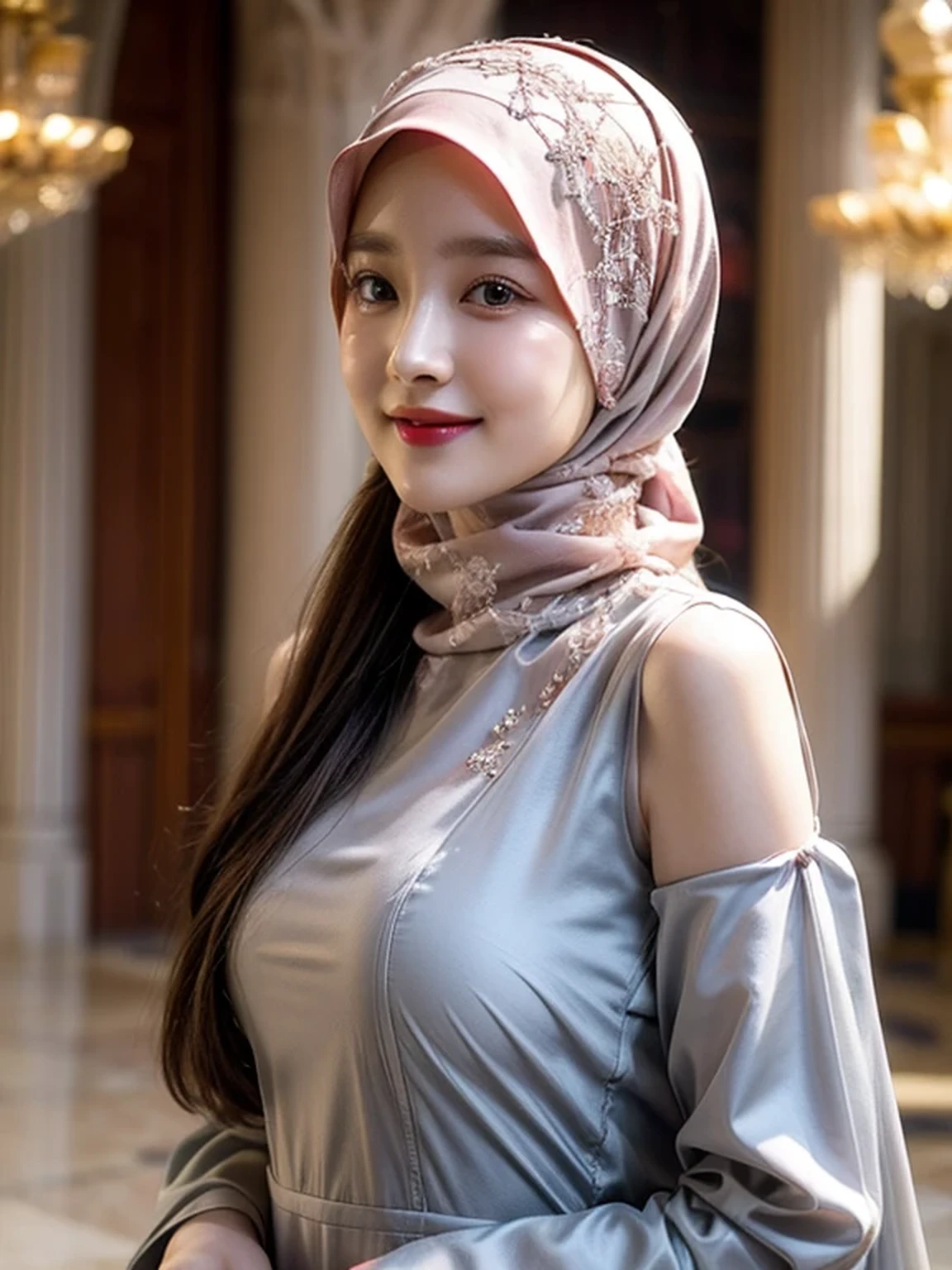 [Raw Photo :1.2], Photorealistic, Best Quality, [masterpiece:1.6], Fine Detail, Dynamic Lighting, Ray Tracing, 1 beautiful girl, center of a large palace, open space with a marble architecture, dress gamis muslim, intricate patterns and chiffon, color outfits is pink, hijab, elegant pose, In the background mosque palace, indicating fair weather, upper body photo, very fine face, very fine eyes, very detailed face, perfect lighting, very beautiful, clear focus, elegant smile, eyes looking to camera