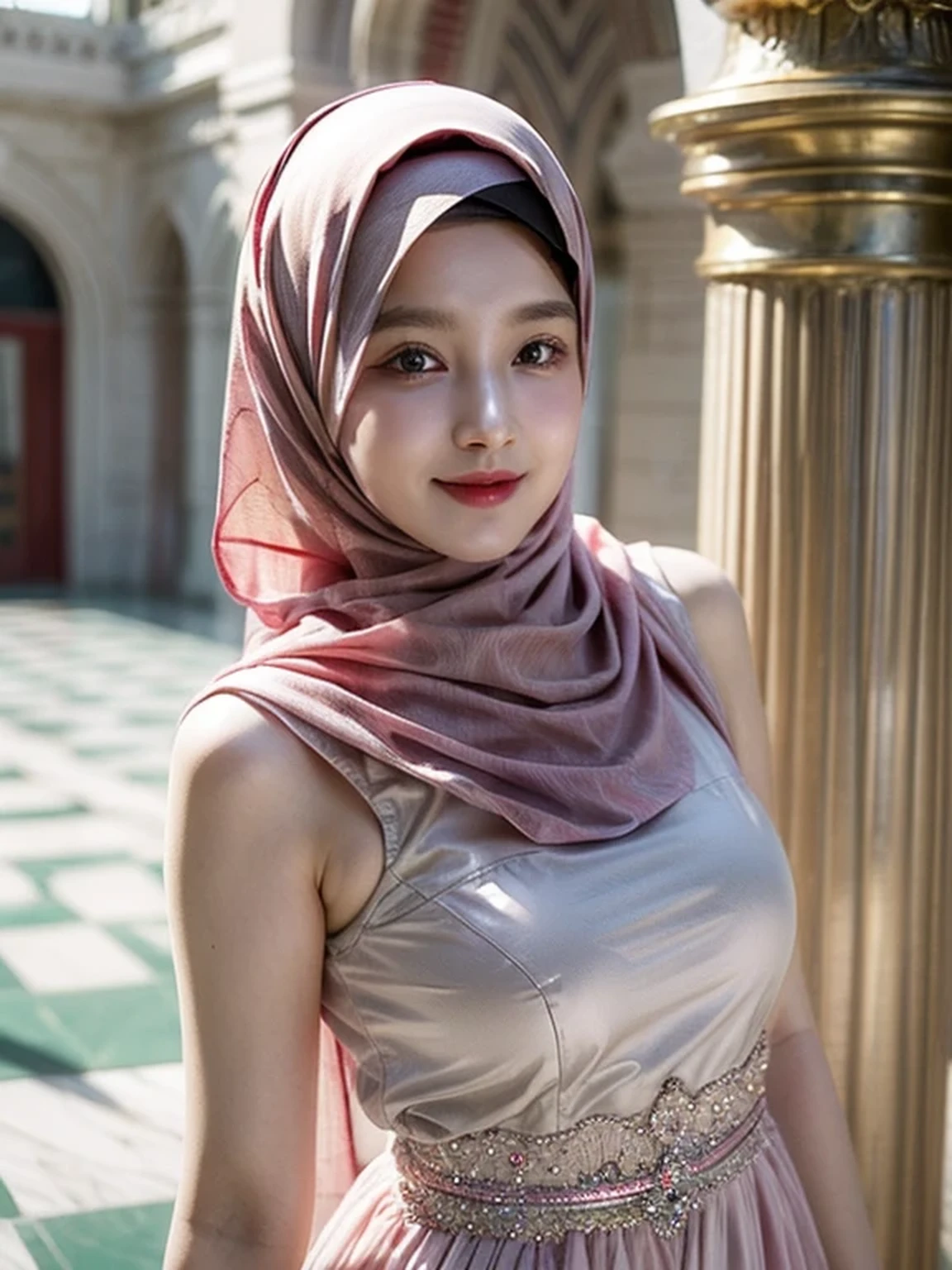 [Raw Photo :1.2], Photorealistic, Best Quality, [masterpiece:1.6], Fine Detail, Dynamic Lighting, Ray Tracing, 1 beautiful girl, center of a large palace, open space with a marble architecture, dress gamis muslim, intricate patterns and chiffon, color outfits is pink, hijab, elegant pose, In the background mosque palace, indicating fair weather, upper body photo, very fine face, very fine eyes, very detailed face, perfect lighting, very beautiful, clear focus, elegant smile, eyes looking to camera