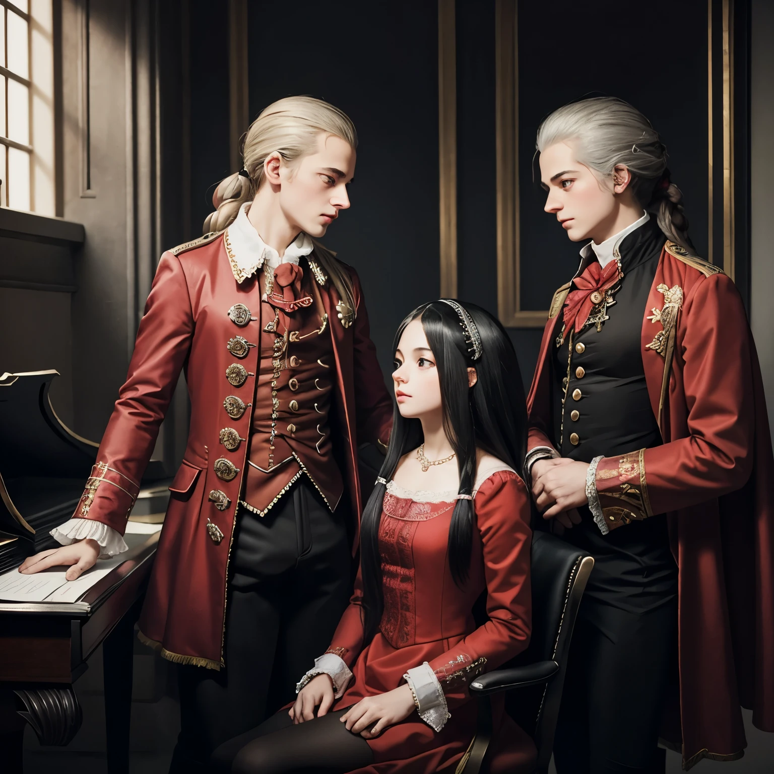 There is only Handsome Wolfgang Amadeus Mozart in red coat and  girl in black bob hair with cute simple dress , the girl is shorter than mozart