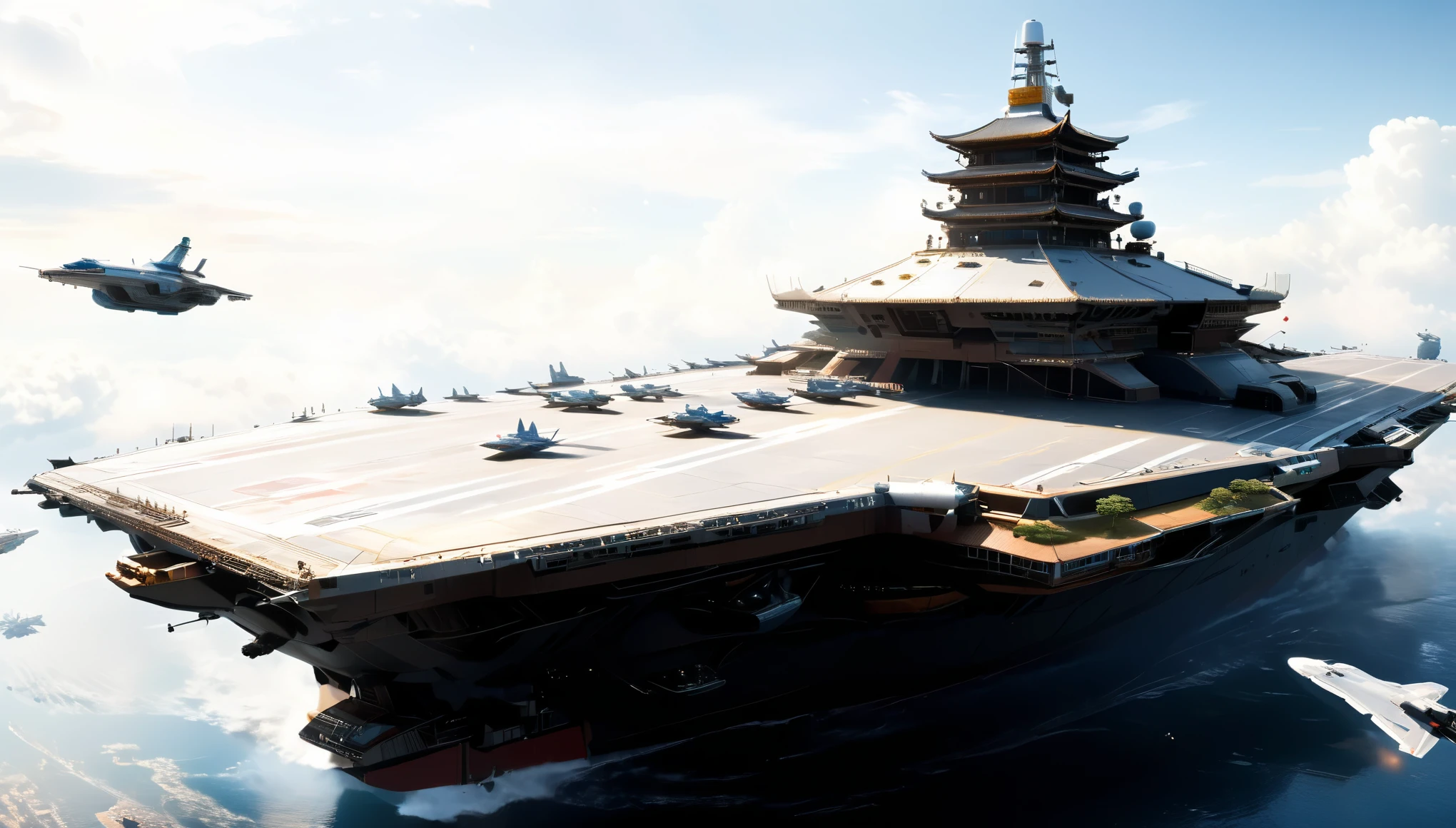 (best quality,4k,8k,highres,masterpiece:1.2),ultra-detailed,(realistic,photorealistic,photo-realistic:1.37),spacecraft carrier,inflight sky,Chinese architecture on top of the carrier,wide-angle shot,panoramic,ultra-wide lens