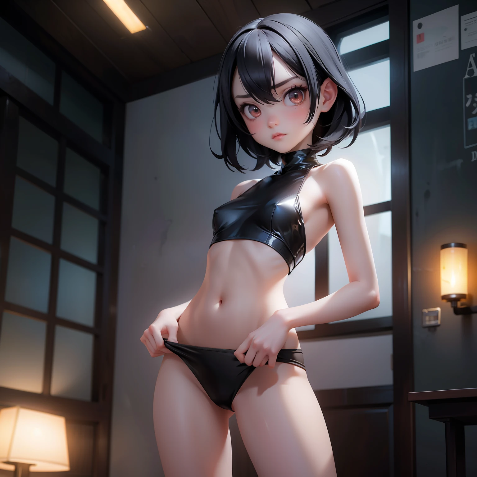 girl black hair, dark circles, , thin, thin body, super slender, tiny breasts, flat breasts, skinny legs, thin legs, student, train, horror scene, cinematic lighting, tired, night