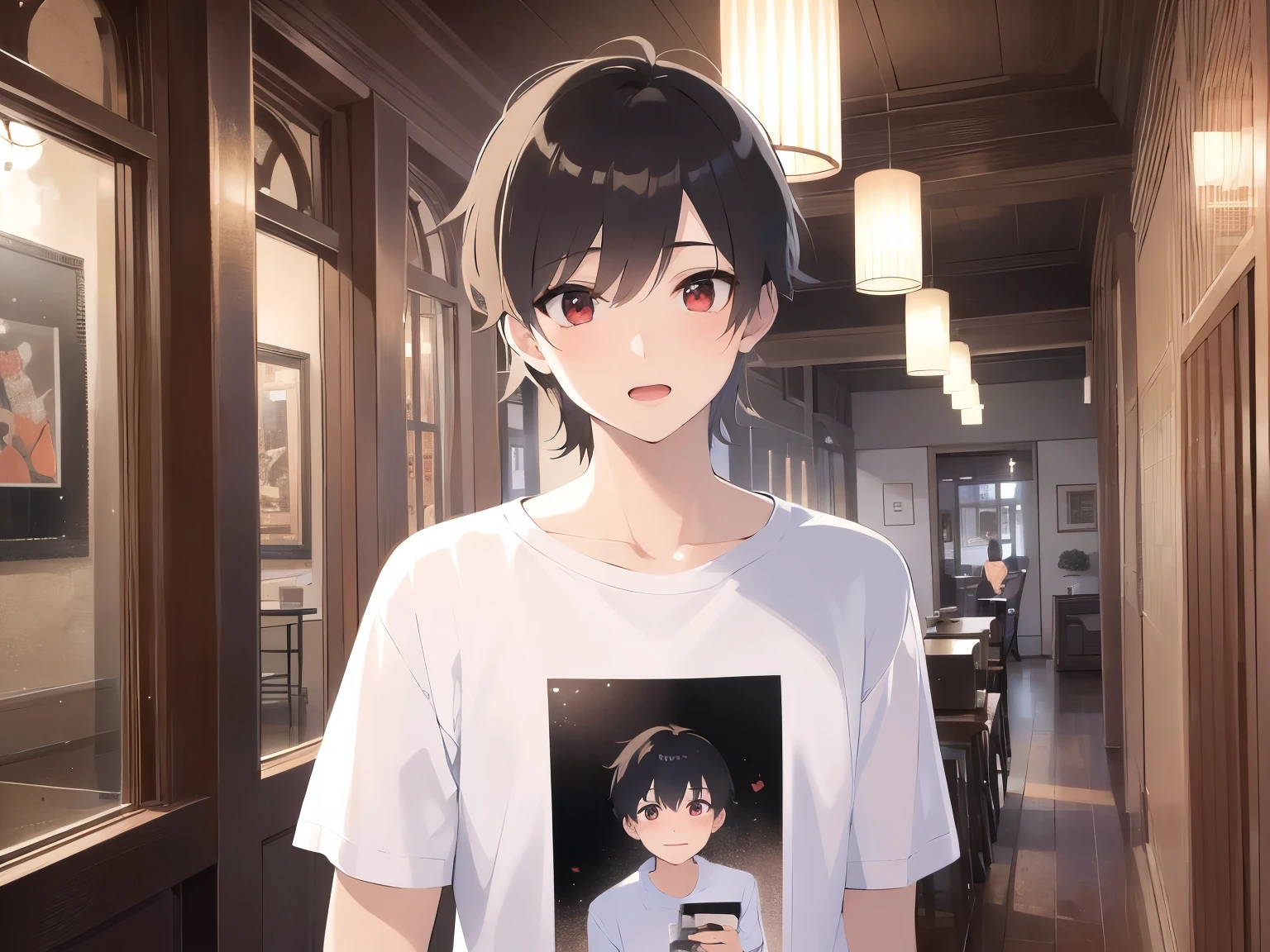 masterpiece、highest quality、(25 year old male:1.5) and (brown short hair) and (red eyes), wearing a white T-shirt、Are standing、surprised、open mouth, The background is the interior of a restaurant at night.、(Alone:1.5)、Upper body is shown、Are standing