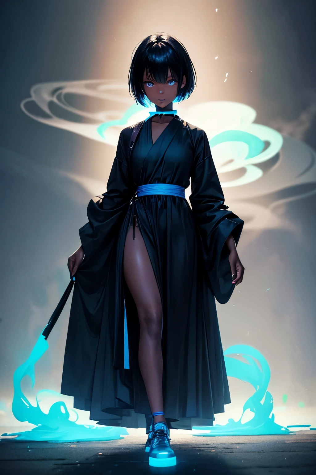 realistic, black girl, height 1.60, short hair (black with blue tips) with clothes (long dress, plain black, neon blue smoke in her hands.