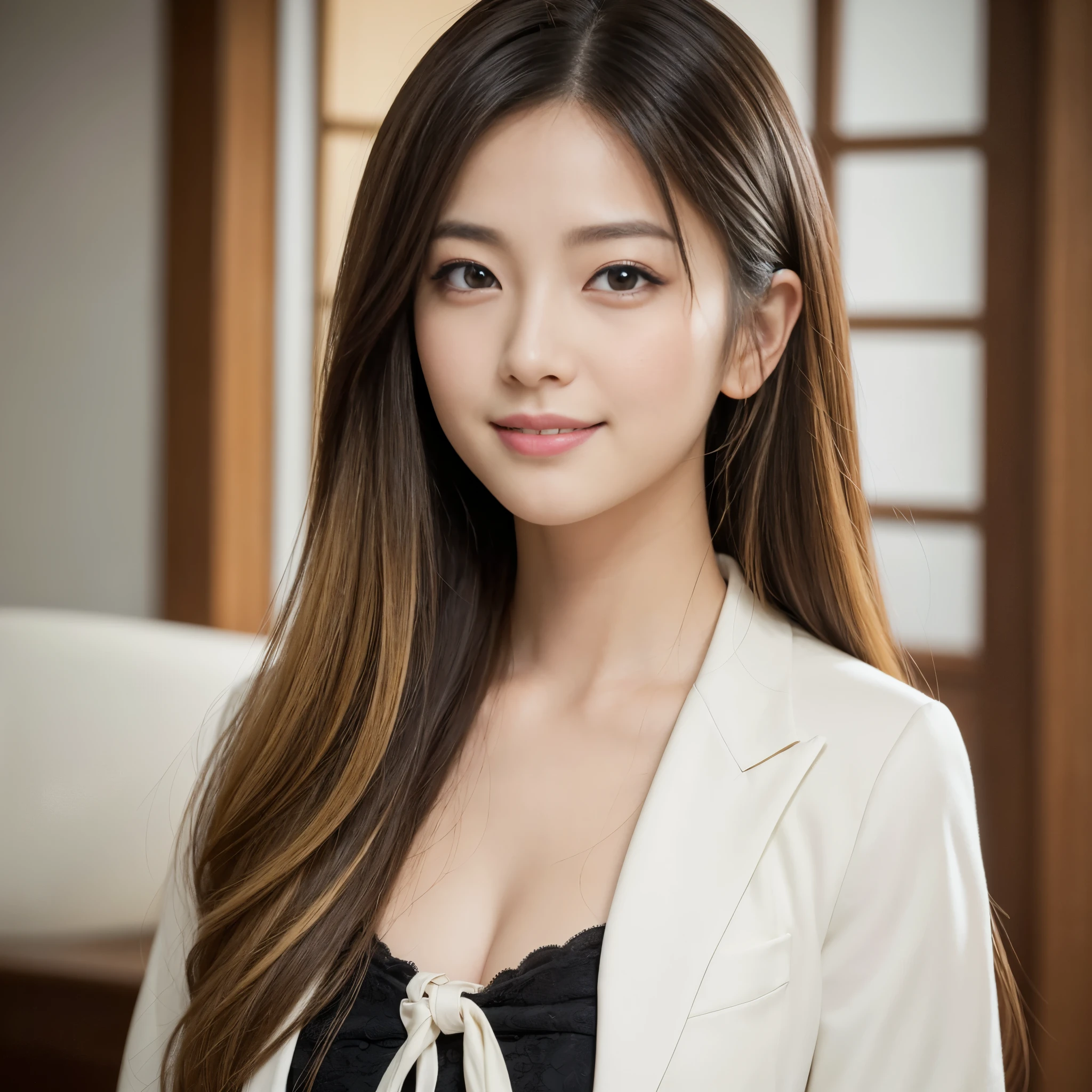 Best-quality, Masterpiece, Ultra-High-Resolution, (Photorealistic:1.4), Raw-Photo, 1girl, the most famous Japanese actress, wearing business-suits, (the most beautiful face like the most popular Japanese actress, (the most beautiful big-black-solid-circle-eyes), the most beautiful blonde-hair), the most beautiful long-eyelashes, the most beautiful lips, the most beautiful white-skins, grinning, looking at viewer