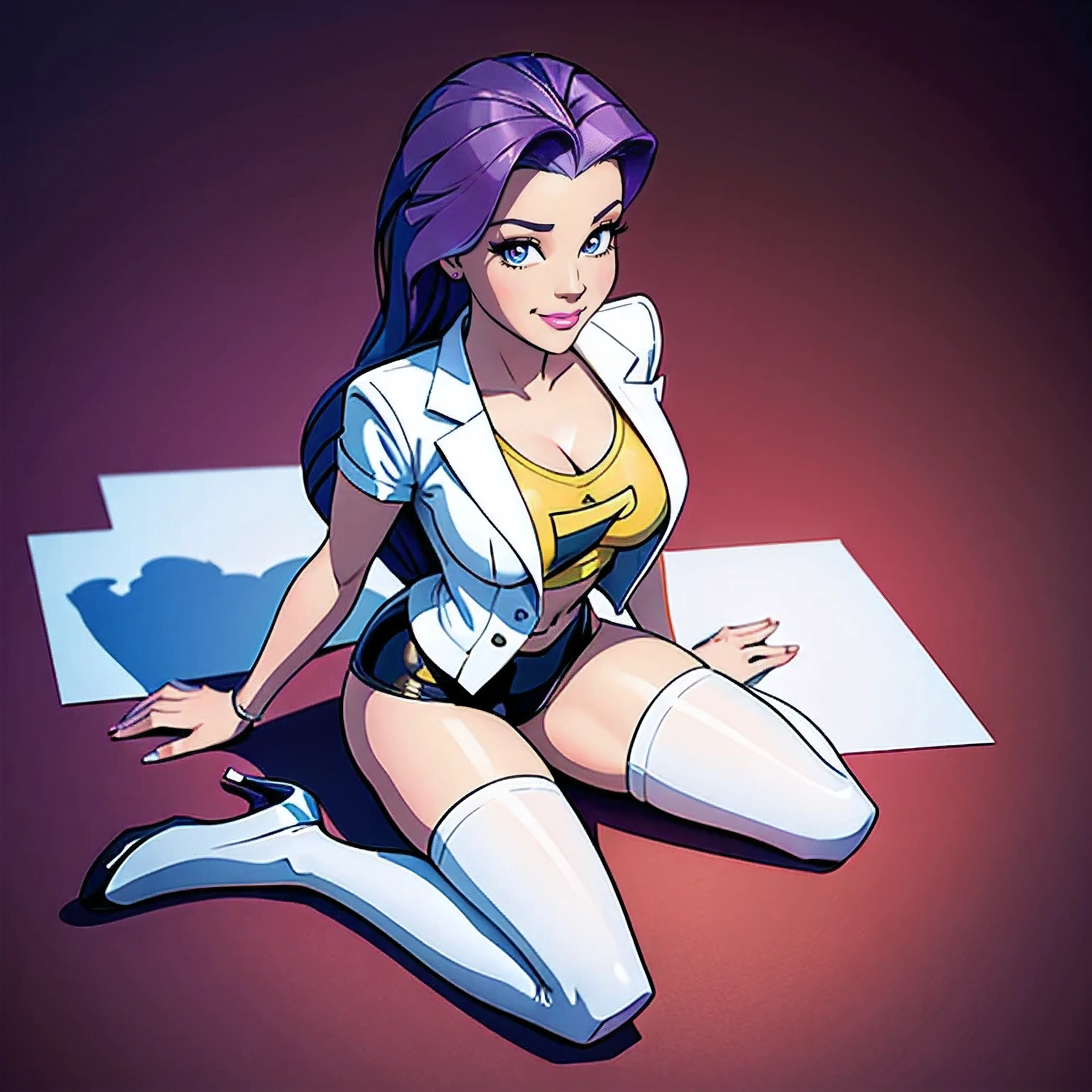 STICKER, solid outline:1.2, NSFW:1.2, masterpiece, best quality:1.2, full body:1.2, Full length, Rarity topless, Rarity sitting down, legs crossed, black underwear, white high heels, white jacket open, black stockings, arms crossed, big bare breasts, erect nipples, full body view, Rarity from my little pony, full body portrait, solo, 1girl, smile, full length, looking up at viewer, vintage t-shirt design, in the style of hand drawing, 3D vector art, fantasy art, watercolour effect, Adobe Illustrator, hand-drawn, digital painting, low-poly, soft lighting, isometric style, retro aesthetic, focused on the character, 4K resolution, photo realistic rendering, using Cinema 4D,