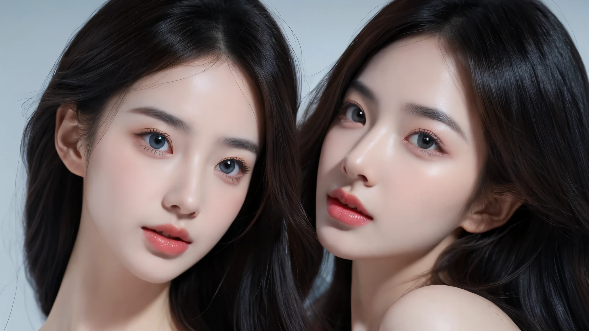 (lifelike,High resolution:1.3), A slim girl, The face shape and eyes are super delicate,black hair,The lips are rosy and shiny,(pretty face), (best quality), (super detailed), (Extremely detailed CG unified 8K wallpaper),((light blue evening wear)),(White background),(split),(model photos),sexy look,big eyes,(permanent),Eyes look at the audience,Soft breasts,very realistic breasts,Hold your chest out,character-centered,