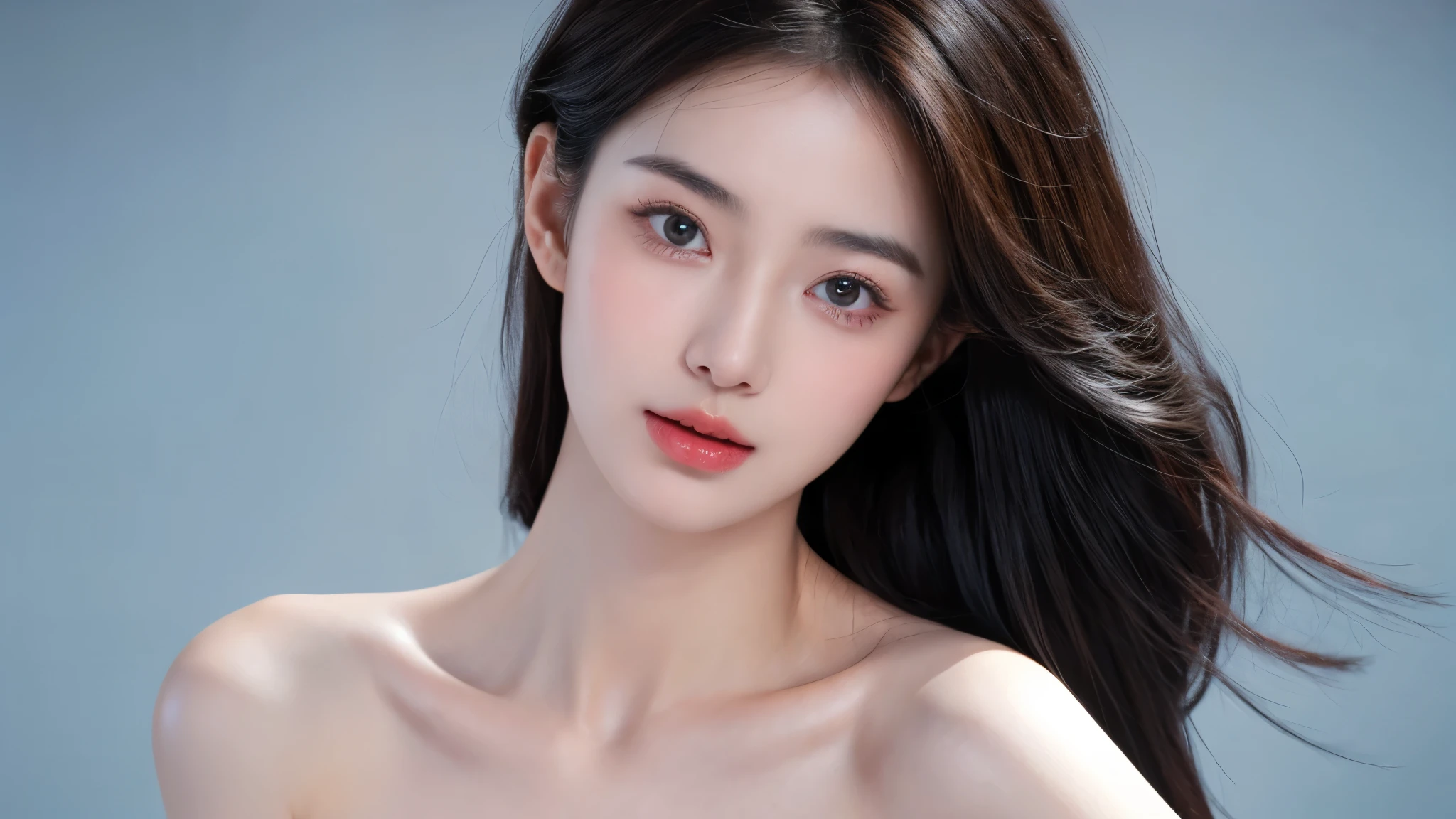 （lifelike,High resolution：1.3）， A slim girl， The face shape and eyes are super delicate,black hair,The lips are rosy and shiny,(pretty face), (best quality), (super detailed), (Extremely detailed CG unified 8K wallpaper),((light blue evening wear)),(White background),(split),(model photos),sexy look,big eyes,(permanent)，Eyes look at the audience,Soft breasts,very realistic breasts,Hold your chest out,character-centered,