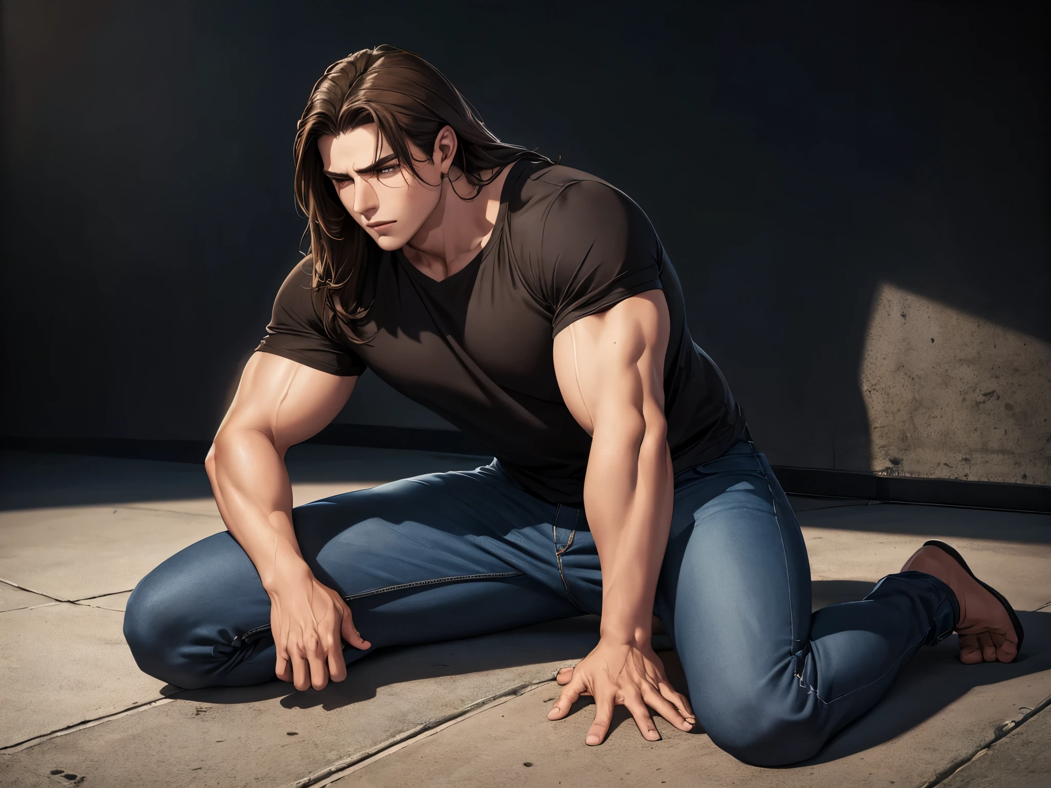 super fine illustration, Ultra high resolution, artwork, Highest quality, Perfect Lighting, Specific lighting, dramatic shadow, ray tracing of a handsome man, 23 years old, ((long straight brown hair)), brown eyes, strong body, muscles arms, dressed in a simple and casual black shirt, jeans, with one knee resting on the cement floor, some injuries on the face, expression of suffering, all-black background (masterpiece)