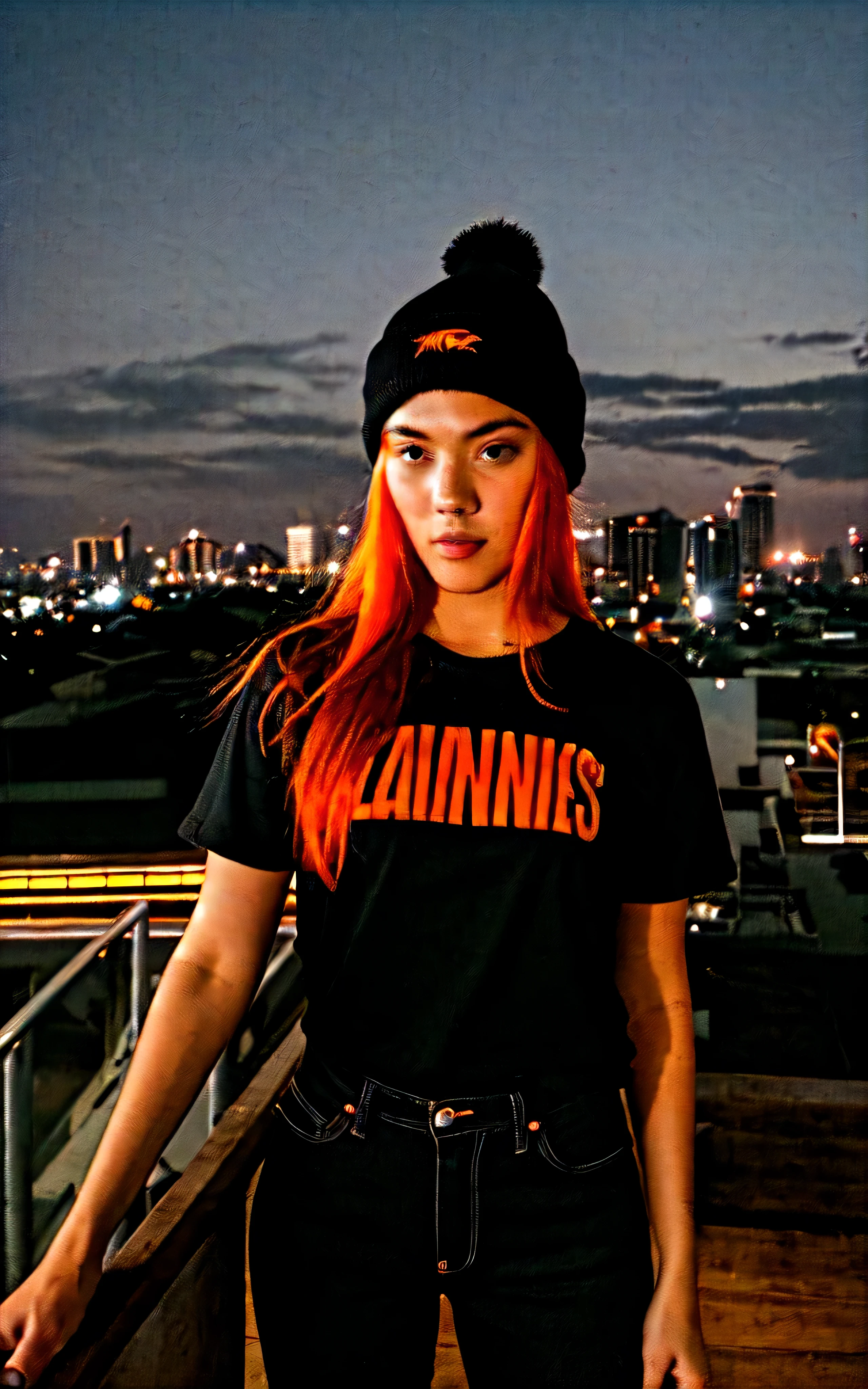 Show a full body photo of A girl thas has red orange medium hair. Her height is 175 cm and her weight is 50 kg. She is wearing black T-Shirt, black jeans and black beanie hat. Show fierce face. And the photo taken at jakarta rooftop on sunset.