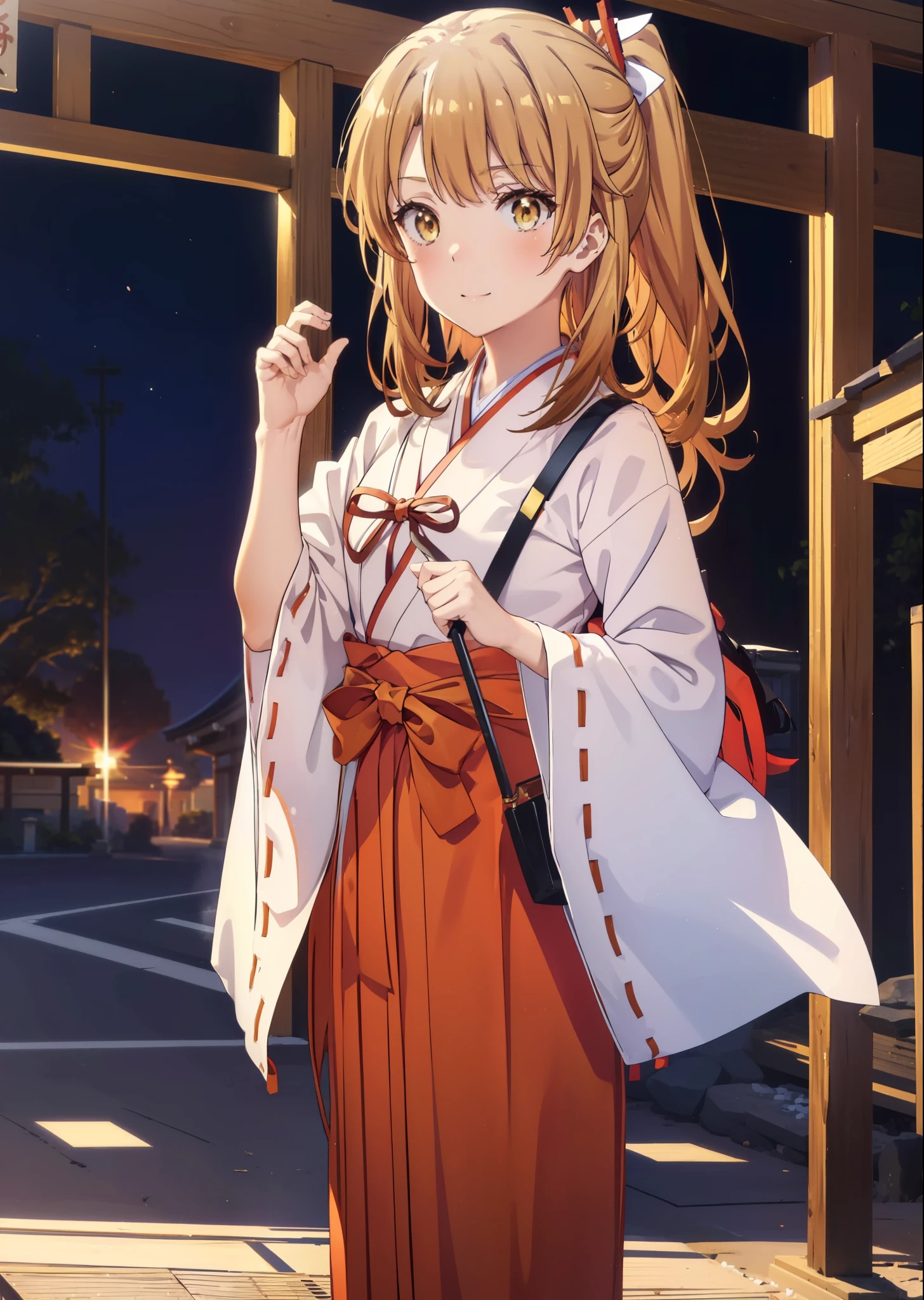 irohaisshiki, iroha isshiki, long hair, brown hair, (brown eyes:1.5), smile,blush,Platycodon,Miko, kimono, kimono, long red hakama,white foot bag,Zori sandals,same as skirt, wide sleeve, long sleeve, ribbon trim sleeves, low ponytail, looking at the viewer, Are standing, torii,morning,morning日,the sun is rising,
break outdoors, shrine,
break looking at viewer,Upper body,
break (masterpiece:1.2), highest quality, High resolution, unity 8k wallpaper, (figure:0.8), (detailed and beautiful eyes:1.6), highly detailed face, perfect lighting, Very detailed CG, (perfect hands, perfect anatomy),