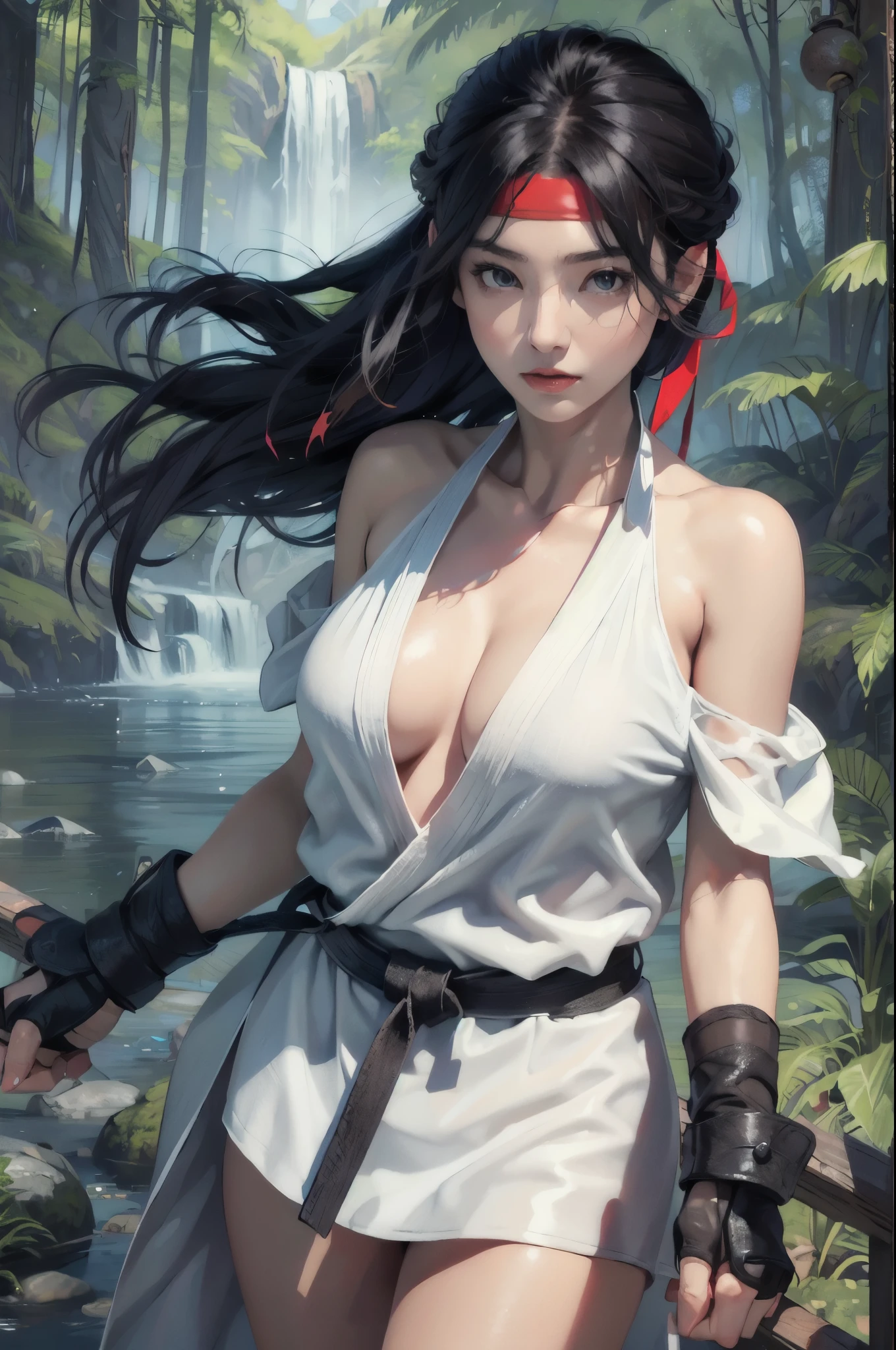 (masterpiece, best quality:1.2), expressive eyes, perfect face, highres, 1girl, solo, ryu \(sf\), (female:1.5), black hair, long hair, dougi, fingerless gloves, headband, standing, portrait, looking at the viewer,