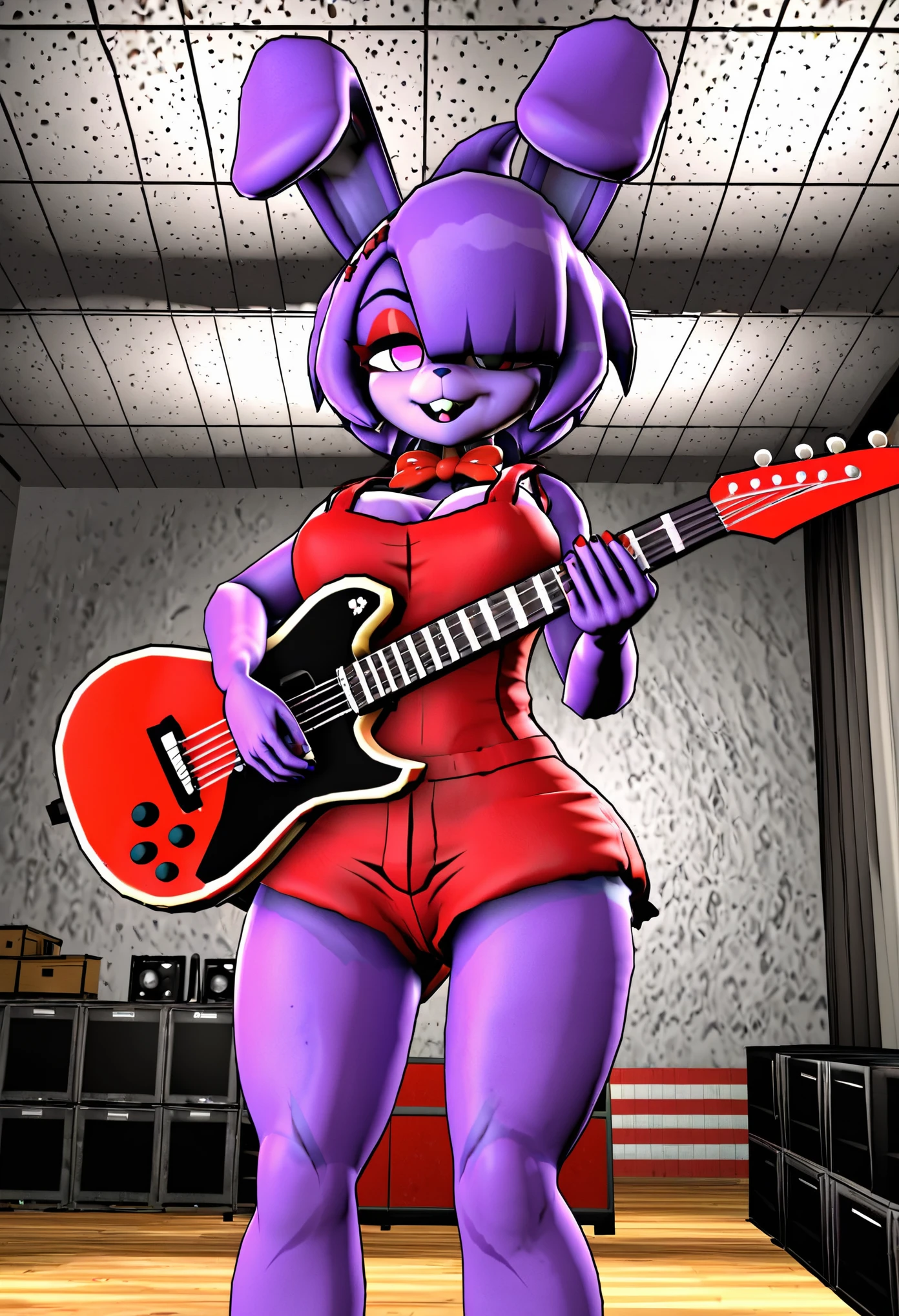 (best quality, masterpiece1.2), 1girl, in a band, guitar, anthro, cally3d, 3d, 3d render, (Bonfie), purple body, purple hair, bunny ears, red eyeliner, pink eyes, red bowtie, red overalls, bonfie's outfit, woman, sexy, detailed, extreme detail, perfect lighting, 4k, vivid colors, one eye covered, storage room