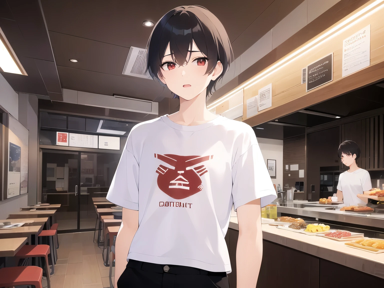 masterpiece、highest quality、(25 year old male:1.5) and (brown short hair) and (red eyes), wearing a white T-shirt、Are standing、confused、open mouth, The background is the interior of a restaurant at night.、(Alone:1.5)、Upper body is shown、Are standing