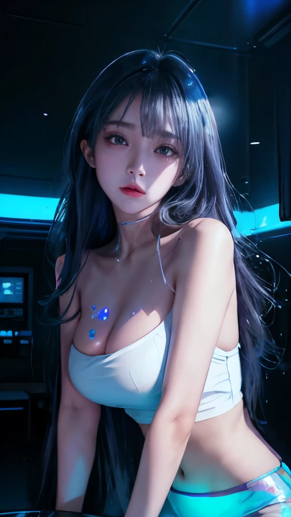 Cinematic lighting、(key light:Front diagonal 45 degrees, fill light、Backlight、shadow、blue and orange color palette), accurate human body、detailed person、Correct five-finger、RAW photo、 4K - ultra-vivid、highest quality, masterpiece, ultra high resolution, (reality: 1.4),
(((oil skin,sparkling skin、realistic skin texture、detailed beautiful skin、shiny skin、shiny skin)))、
upper body shot, camera angle is low, Depth of the bounds written, Focus on the center, fine eyes, perfect face and eyes、
jirai makeup girl、Hotel、Straight long hair with black hair、glowing neon lights、ガールズBar clerk、Bar clerk、Serve alcohol、Inside the store with neon lights and ultraviolet black lights、cyber- 、White T-shirt that glows under black light、big and full breasts、big cleavage、Hot pants in satin fabric、Inside the store like a spaceship