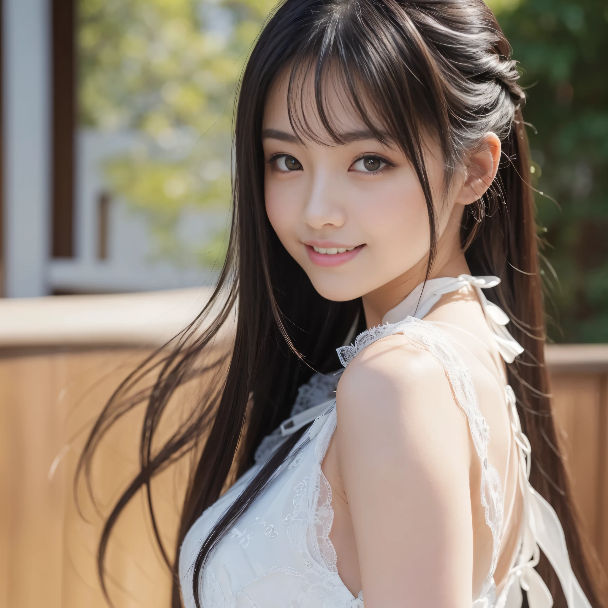 Best-quality, Masterpiece, Ultra-High-Resolution, (Photorealistic:1.4), Raw-Photo, 1girl, the most famous Japanese actress, wearing formal-dress, (the most beautiful face like the most popular Japanese actress, (the most beautiful big-black-solid-circle-eyes), the most beautiful hair), the most beautiful long-eyelashes, the most beautiful lips, the most beautiful white-skins, innocent-smile, looking at viewer