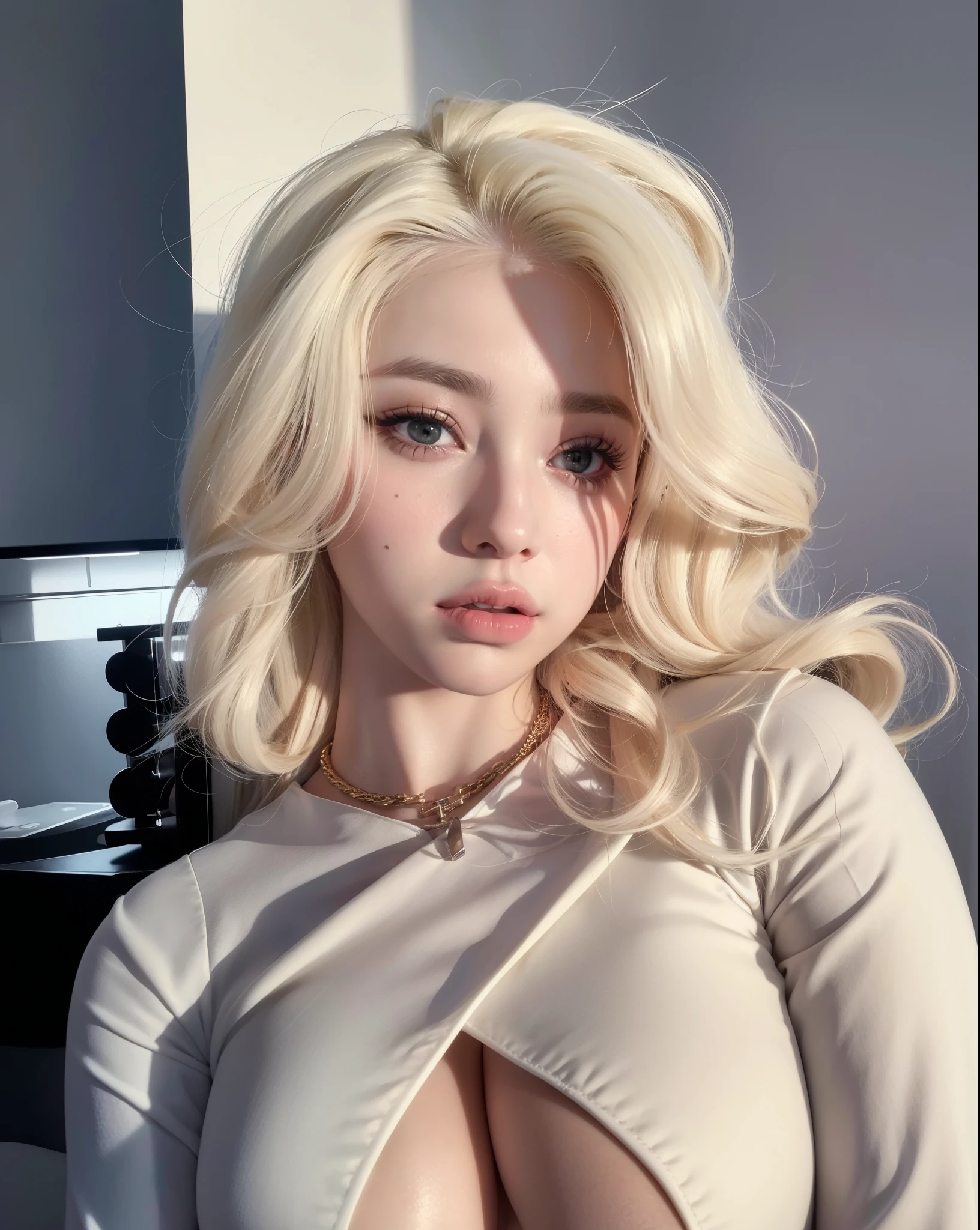 Mujer rubia con un pecho muy grande posando para una foto., ava max, retrato de kim petras, su cabello es blanco, yelena belova, pale skin curly blonde hair, cabello rubio y ojos grandes, una chica con cabello rubio, cabello con flequillo blanco, Dasha Taran, anna nikonova aka new milkmaid, Cabello rubio platino, billie eilish