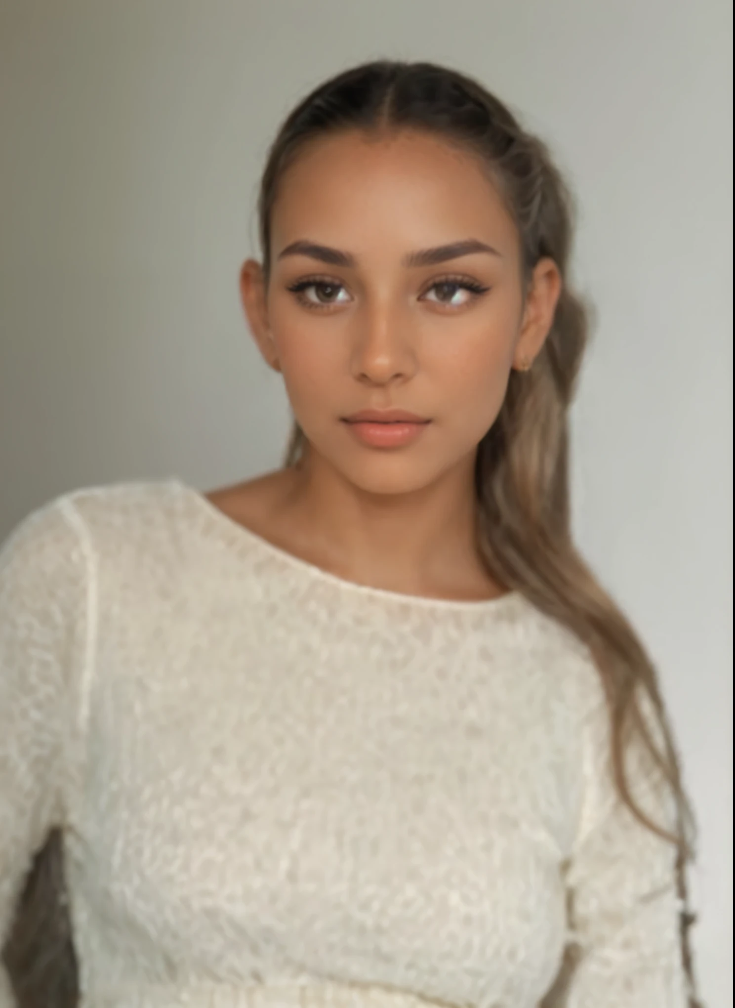 Imagine a woman with light brown blonde hair, long and tied back neatly. Her eyes are a deep brown, framed by long black eyelashes and well-groomed, black eyebrows. She has a fairly slim and delicate nose, while her lips are plump and of a nude shade. Her complexion is warm, with a bronze tone typical of Maghrebi women. This description captures the image of a woman with captivating beauty, resembling the description you provided of Yasmina Amts.