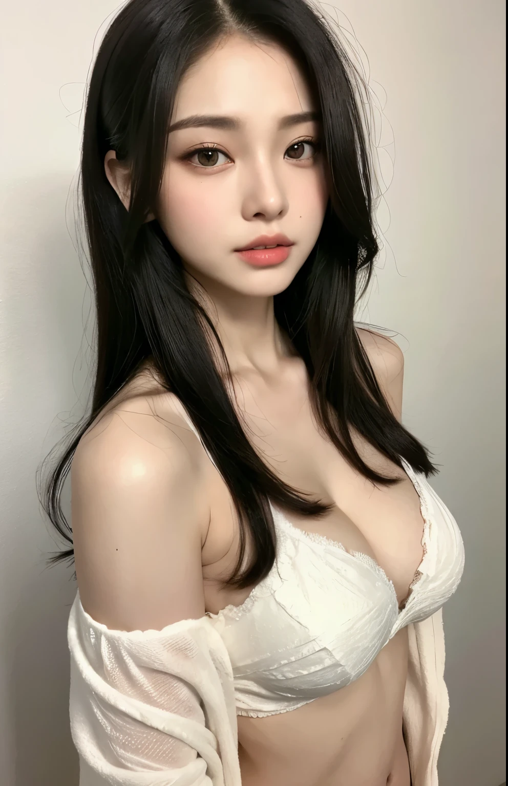 Beautiful woman with perfect body：1.4，layered hairstyle，Highly detailed facial and skin textures，double eyelids，whiten skin，（lifelike,high resolution：1.3）， A slim girl， The face shape and eyes are super delicate,black hair,red glossy lips,(beautiful face), (best quality), (Super detailed), (Extremely detailed CG unified 8K wallpaper),((sexy pajamas)),(White background),(A little cleavage),(Model photo),sexy look,big eyes,(standing),(Slim waistline)，Eyes look at the audience,soft breasts,very realistic breasts,Character centered,White skin,(small breasts)