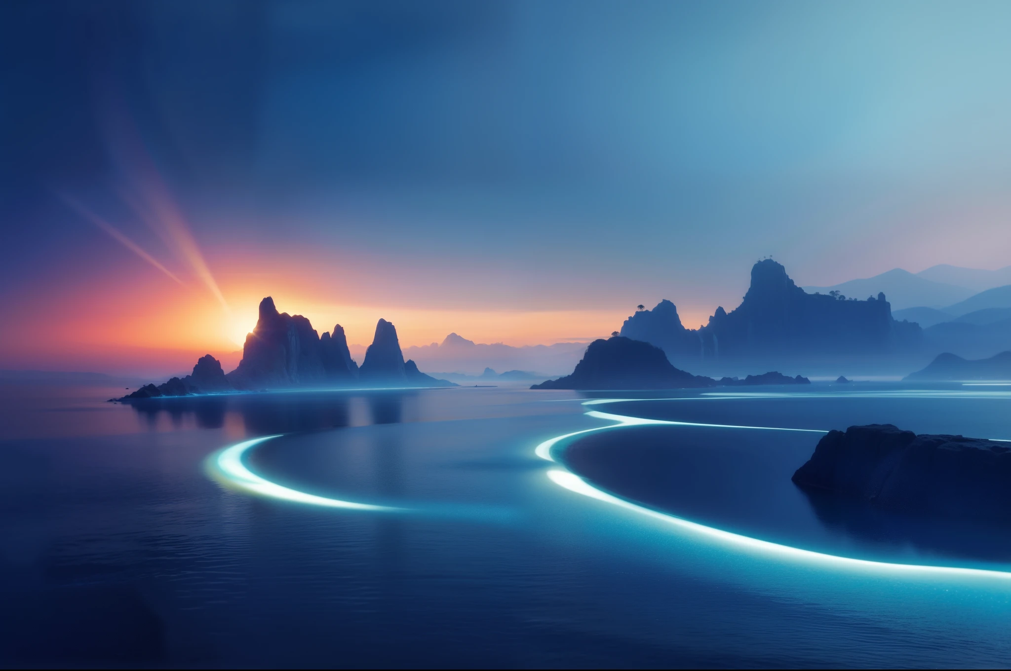 a view of a beautiful sunset over a body of water, ethereal landscape, Paisagem lindamente iluminada, beautiful alien landscape, breathtaking alien landscape, stunning alien landscape, paisagem futurista, impressionante paisagem de fantasia, incredible alien landscape, magnificent background, magical landscape, breathtaking scenery, futuristic and ethereal, amazing wallpaper, paisagem do mar de fantasia, papel de parede de paisagem, protetor de tela impressionante, landscape of an alien world