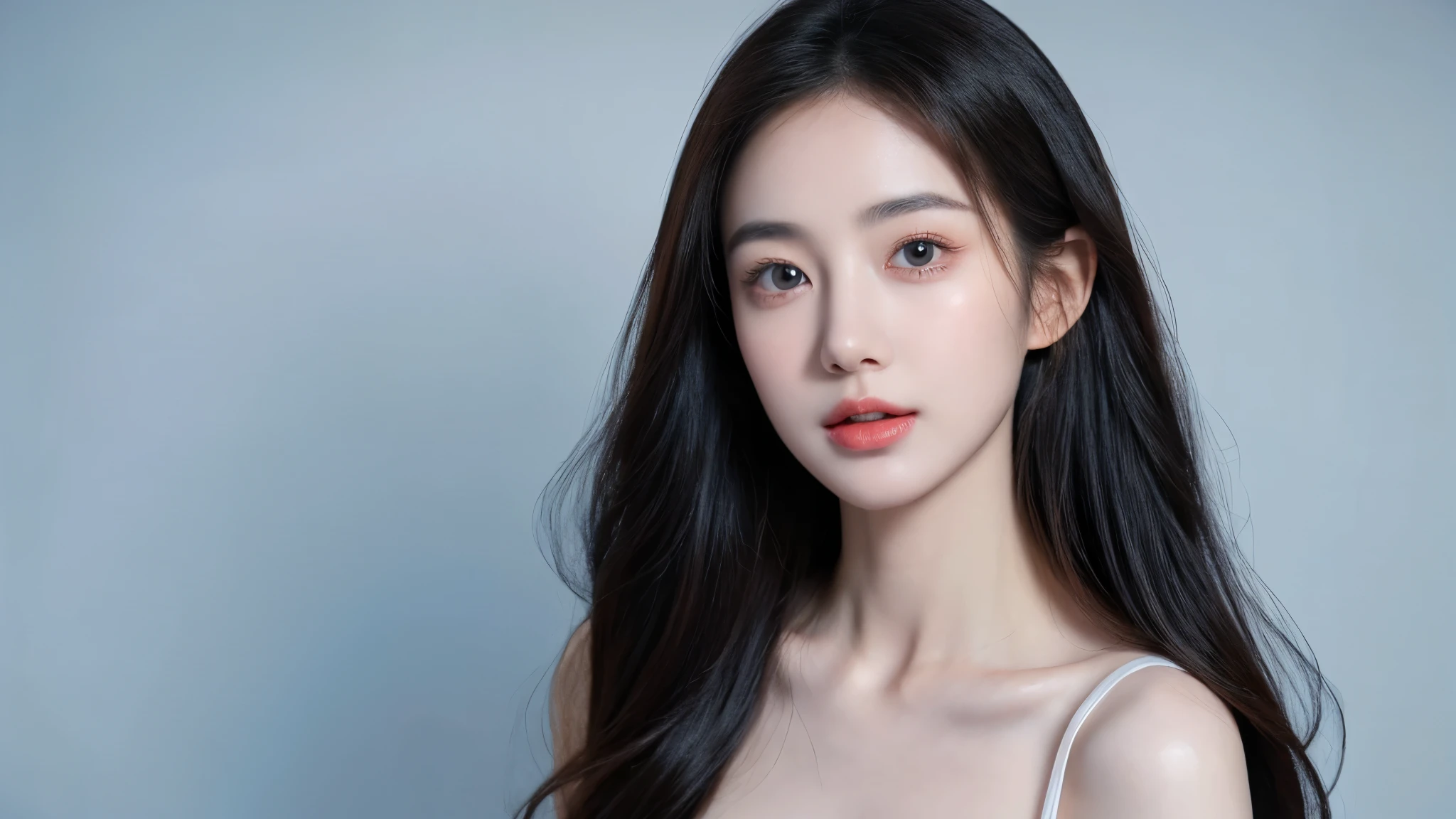 (lifelike,High resolution:1.3),semi-body photography, A slim girl, The face shape and eyes are super delicate,black hair,The lips are rosy and shiny,(pretty face), (best quality), (super detailed), (Extremely detailed CG unified 8K wallpaper),((light blue evening wear)),(White background),(split),(model photos),sexy look,big eyes,(permanent),Eyes look at the audience,Soft breasts,very realistic breasts,Hold your chest out,character-centered,