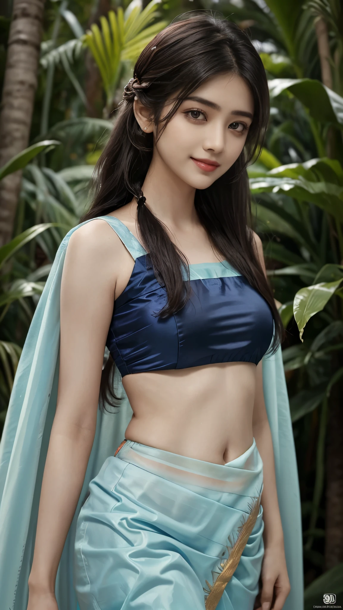 Close up, 20 year old indian woman, thin silky Cyan  saree, oily body, long dense braided hair, tropical forest, ultra realistic, realism, cute, charming, day time, tattooed body, medium height, big eyes, Indian traditional style saree, ambient lighting, perfect anatomy, detailed body and face, 8K, Masterpiece, RAW photo, Best quality, Photorealistic, Extremely detailed CG Unity 8K wallpaper, Noval Showing, Most Beautiful smile, ((smile:1.2))
