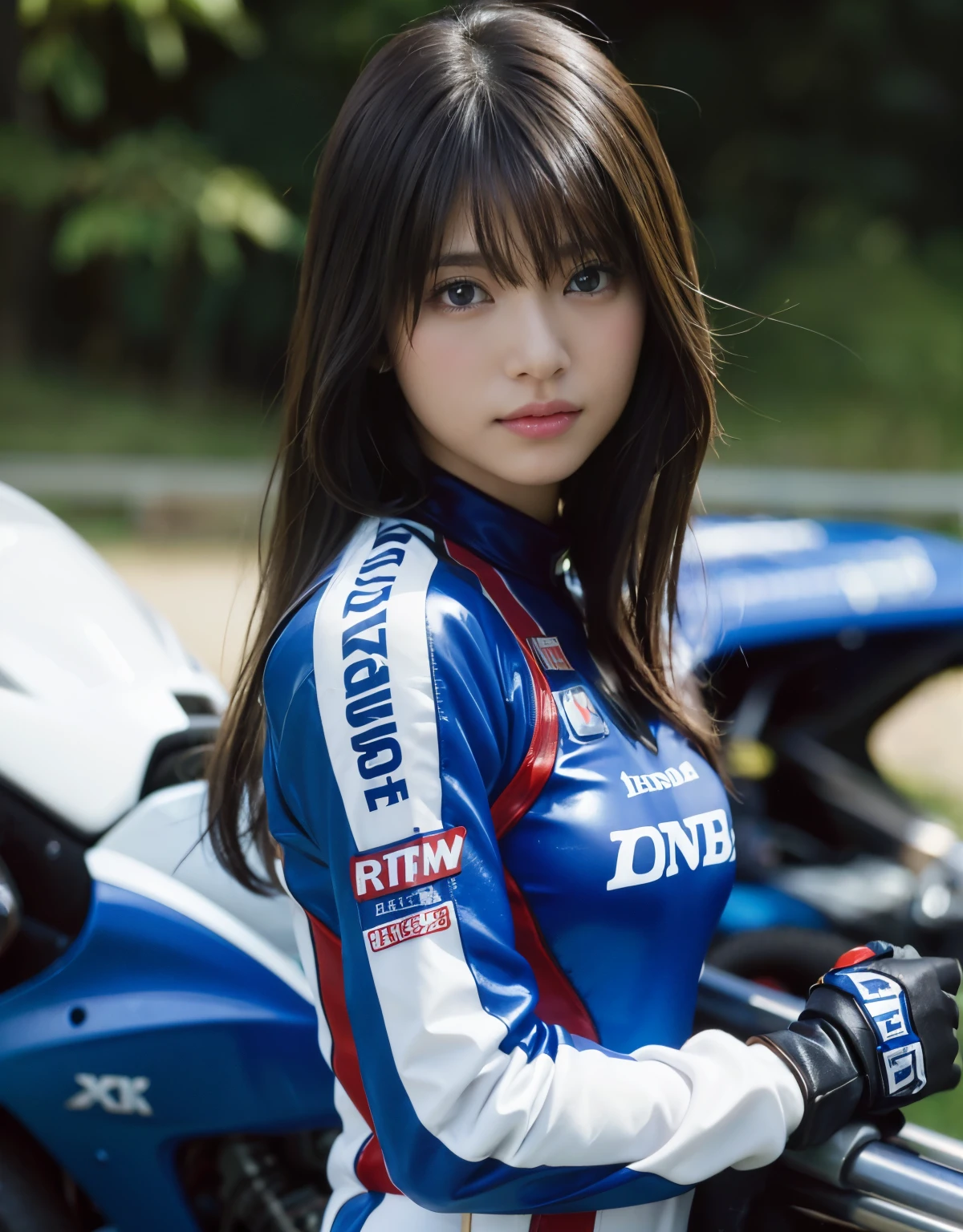 (1 girl)、highest quality、masterpiece、超A high resolution、(Photoreal:1.4)、Raw photo、1 girl、hot、(wearing a leather racing suit)、female rider、long sleeve,、racing gloves、Portrait、Shadow、octane rendering、8K、super sharp、Metal、intricate decorative details、Japan details、very intricate details、realistic light、(mysterious look)、shining eyes、towards the camera、Small LED、HONDA NSR250R Rothmans