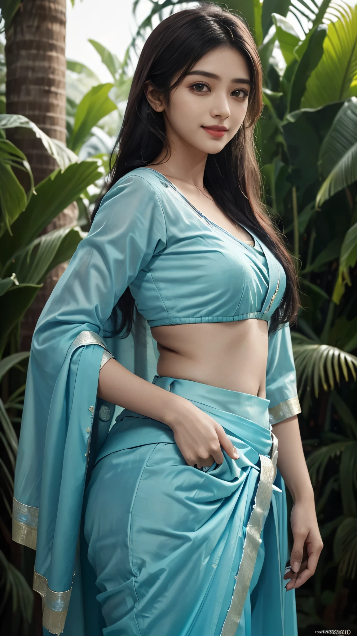 Close up, 20 year old indian woman, thin silky Cyan  saree, oily body, long dense braided hair, tropical forest, ultra realistic, realism, cute, charming, day time, tattooed body, medium height, big eyes, Indian traditional style saree, ambient lighting, perfect anatomy, detailed body and face, 8K, Masterpiece, RAW photo, Best quality, Photorealistic, Extremely detailed CG Unity 8K wallpaper, Noval Showing, Most Beautiful smile, ((smile:1.2))