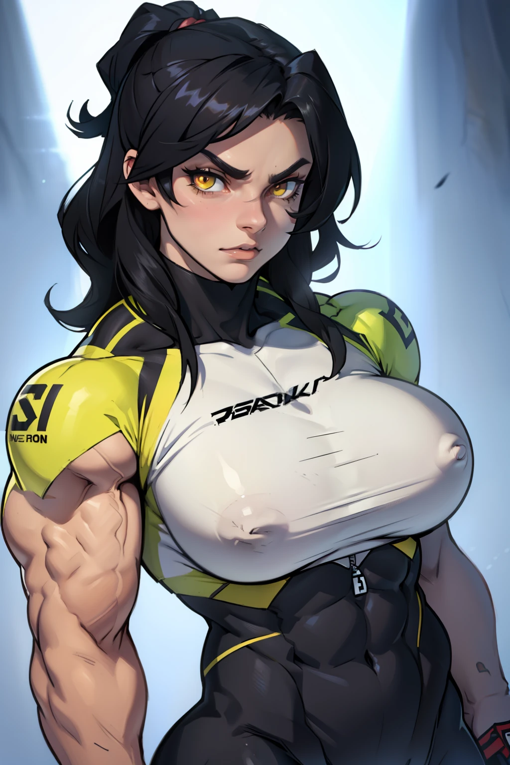 (((breasts female muscles toned body muscular))) black hair yellow eyes pale skin 