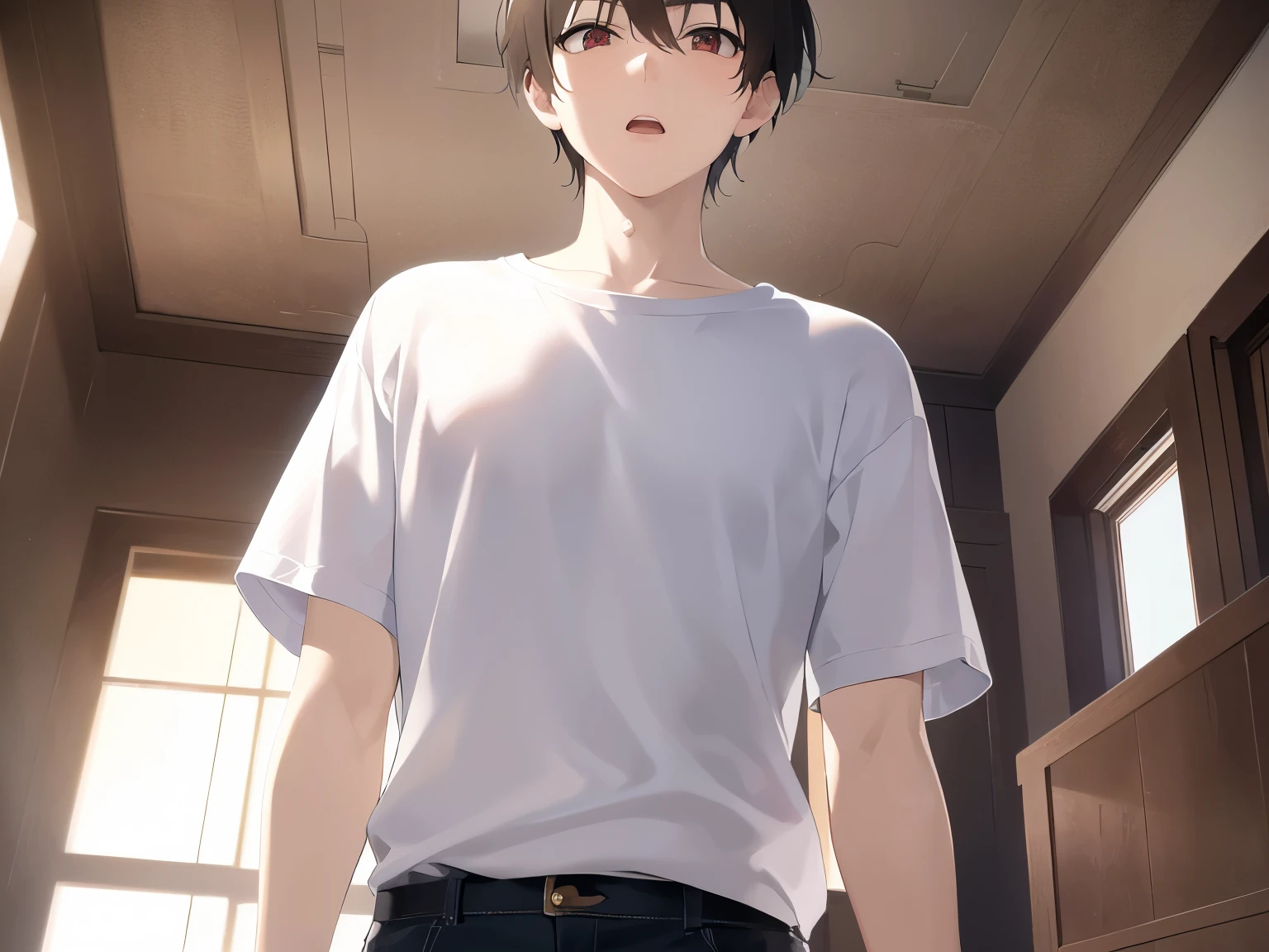 Shooting from below、masterpiece、highest quality、(25 year old male:1.5) and (brown short hair) and (red eyes), wearing a plain white T-shirt、Are standing、surprised、open mouth, The background is the living room、(Alone:1.5)、Upper body is shown、Are standing