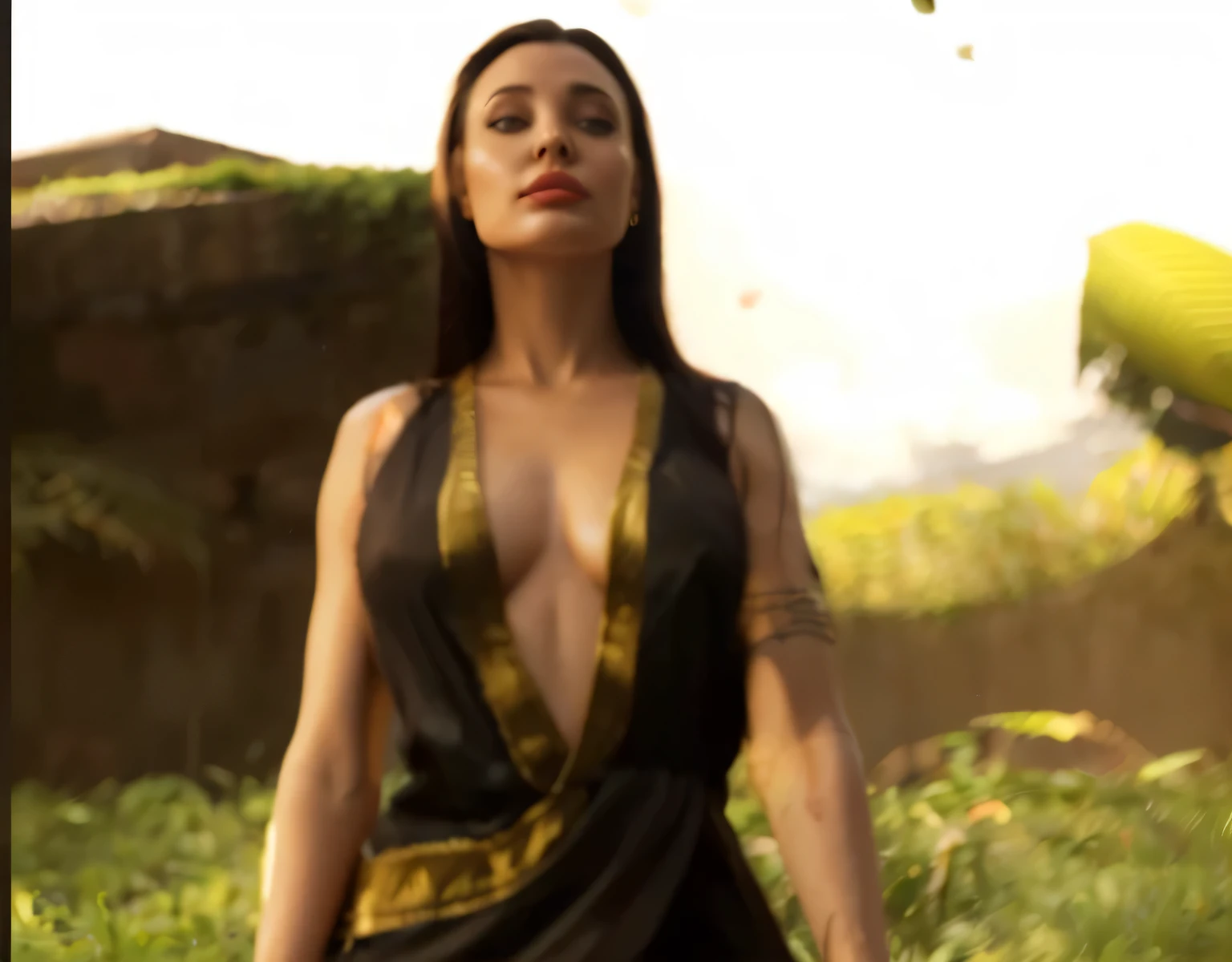 (obra de arte),(Melhor qualidade:1.0), (Ultra high resolution:1.0), detailed illustration, 8k, 1 garota, linda garota do passado, usando um vestido preto, vestido detalhes em dourado, vestido apertado, cara bonita, rosto detalhado, Olhos lindos, olhos detalhados, olhos brilhantes, Angelina Jolie, Bright red lips, batom vermelho, cabelo lindo e estiloso,fundo de campos verde abertos, paraiso, Melhor qualidade, vibrante