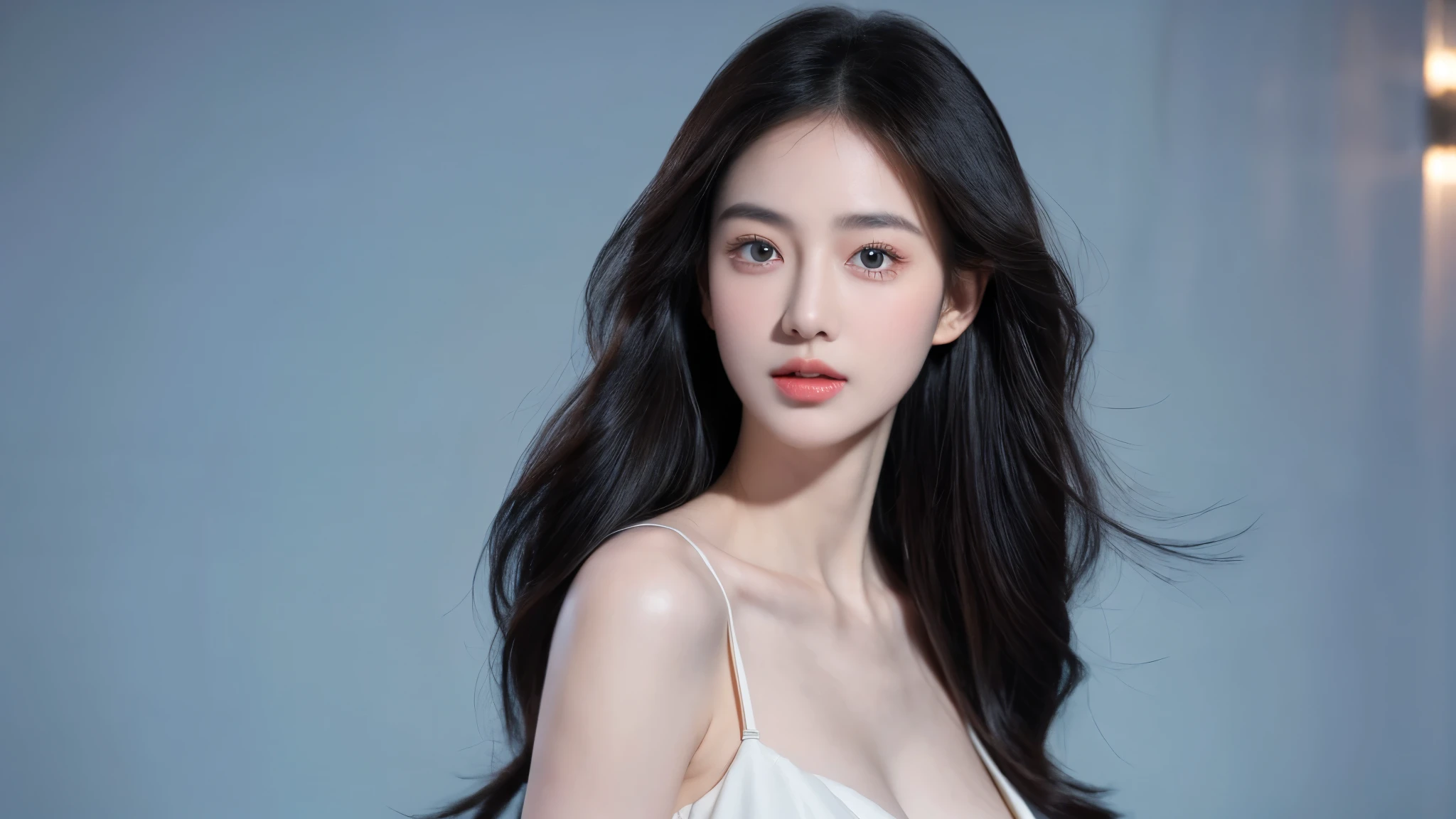 (lifelike,High resolution:1.3),full body photography, A slim girl, The face shape and eyes are super delicate,black hair,The lips are rosy and shiny,(pretty face), (best quality), (super detailed), (Extremely detailed CG unified 8K wallpaper),((light blue evening wear)),(White background),(split),(model photos),sexy look,big eyes,(permanent),Eyes look at the audience,Soft breasts,very realistic breasts,Hold your chest out,character-centered,