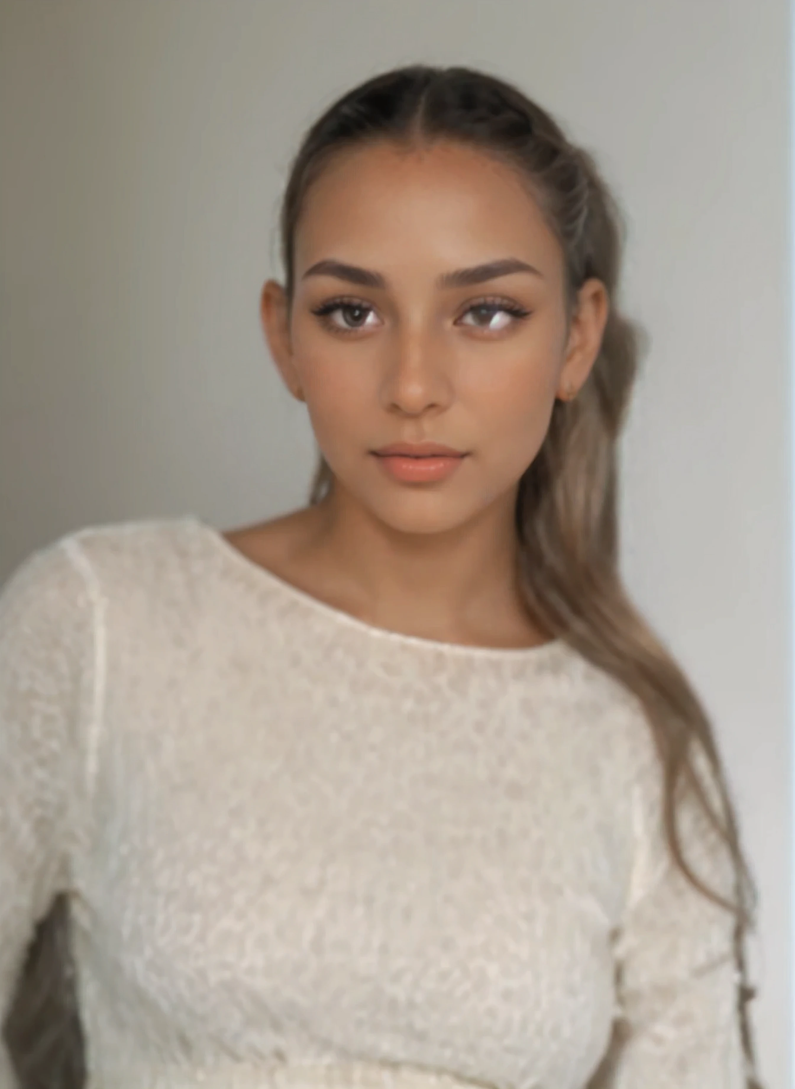 Imaginez une femme aux cheveux blonds châtain clair, long et bien attaché. Ses yeux sont d'a dark brown, encadré par de longs cils noirs et bien soignés, sourcils noirs. She has a fairly fine and delicate nose., while her lips are fleshy and'une teinte nude. Son teint est chaud, with a bronze tone typical of North African women. Cette description capture l'image d'a woman of captivating beauty, ressemblant à la description que vous avez fournie de Yasmina Amts.