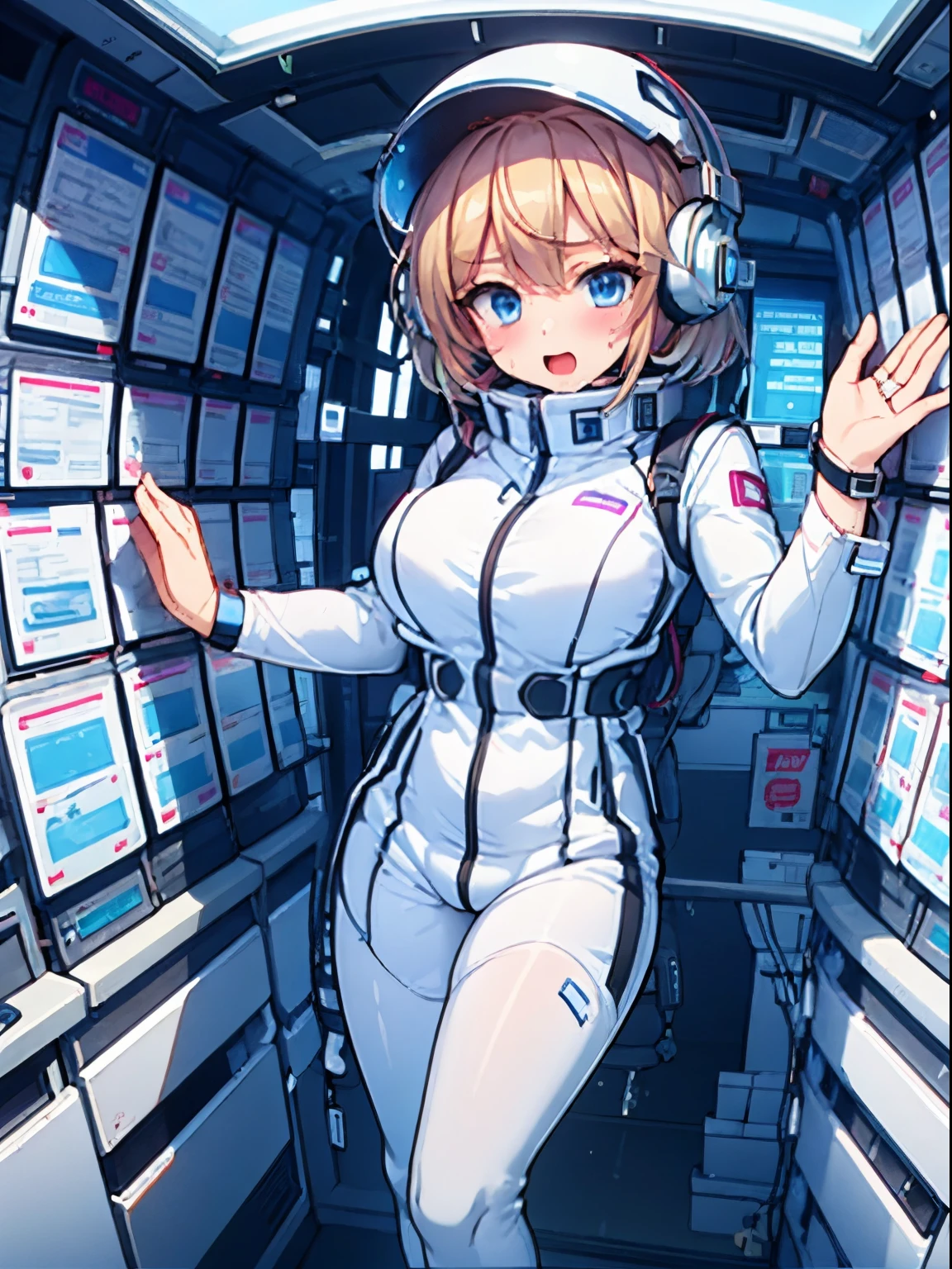 very detailed、(Futuristic spaceship interior):1.5、Married woman1 person，short bob，golden hair,(space helmet):5, (white space suit):1.5、body suit、(Diapers):1.5,big breasts，breast bumps，excretion of breast milk，Feeling，Show off your perfect legs，Shyness in the face，Sweat、The Diapers is wet、desire for dissatisfaction，Masseter muscle part、, Highest_quality, 1 person, alone、open your legs、open your legs、please open your knees、embarrassing、blush、Bedroomasturbation、Full of Sweat、wet Diapers、sexual excitement、masturbation、,Put her hand inside her panties、headphones,(liquid、scale):0.3、It was scary、teardrop,BREAK red nose blush:1.3,astrovest:5