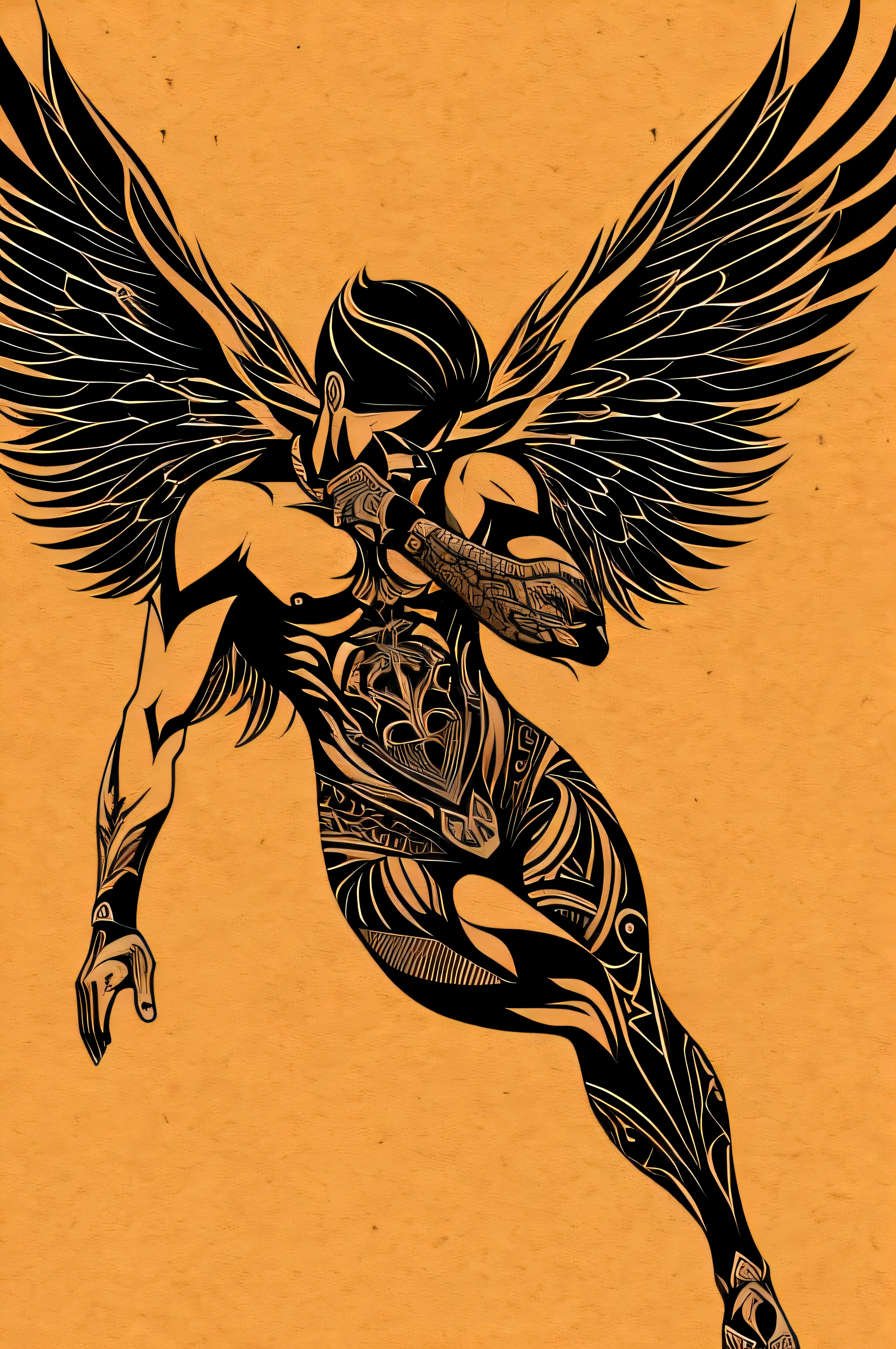 Creation of a full body fallen angel.., con lineas definidas para tatuaje,  vector illustration, Biomechanical