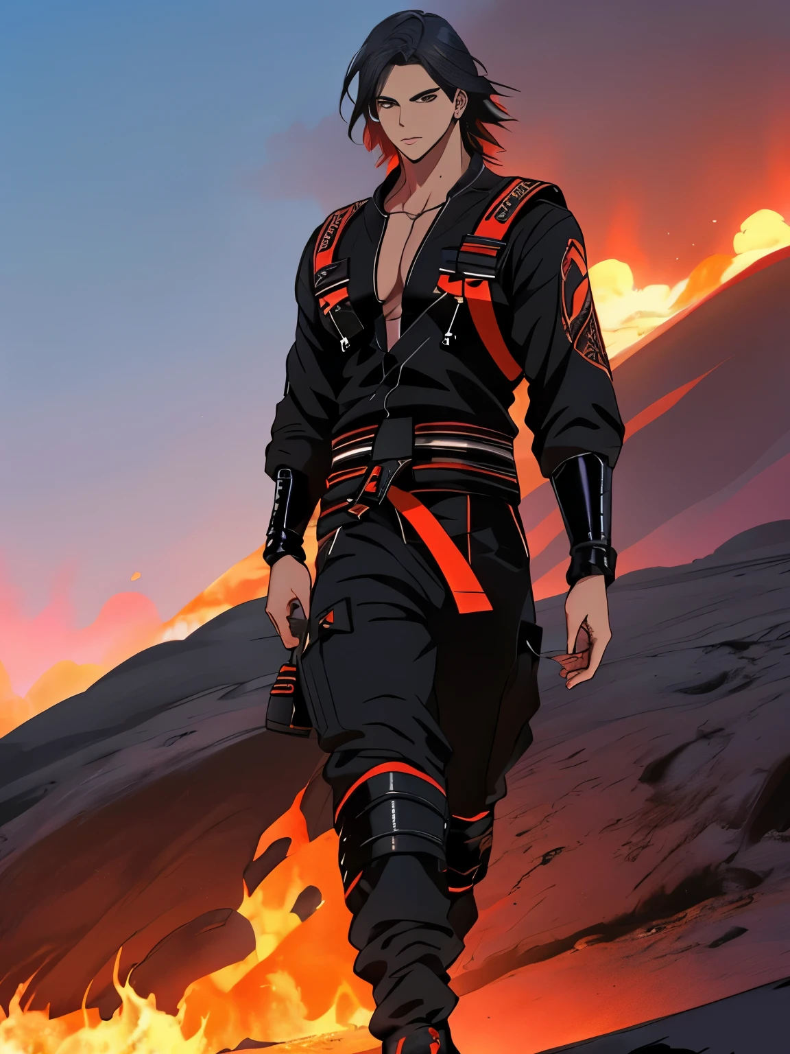 Homem nativo havaiano com olhos vermelhos ardentes, cabelo preto, Macho, Estilo Anime, Imagem 4K, envolto em fogo, vestindo roupa de rua com armadura futurista, ethereal, volcano background