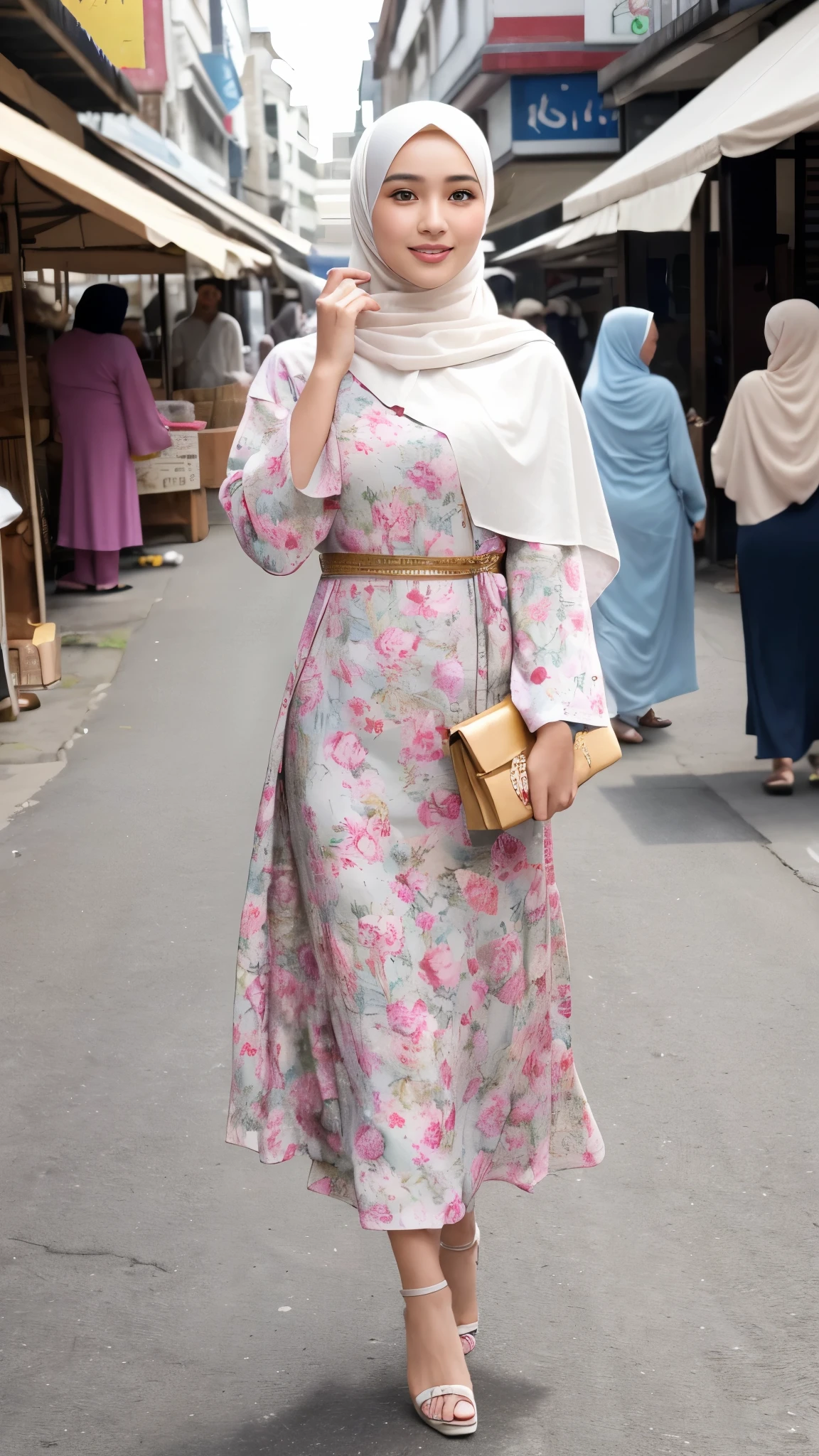 (Best quality, high resolution, masterpiece: 1.3), a cute and beautiful Indonesian guy in hijab, no breasts, slim figure, beautifully presented details in the street and facial and skin texture, detailed eyes, double eyelids, cute guy, average male body, HDR, 8k resolution, nice fingers, firm skin, smooth skin, bright skin,(((high detail skin, visible pores))), 1 male, tall body, standing in the market, 23 years old, wearing Floral Gamis Pastel Close Up Hijab, holding a purse, Full Body portrait, Beautiful Shy Smile, Wearing High Heels, graceful gesture