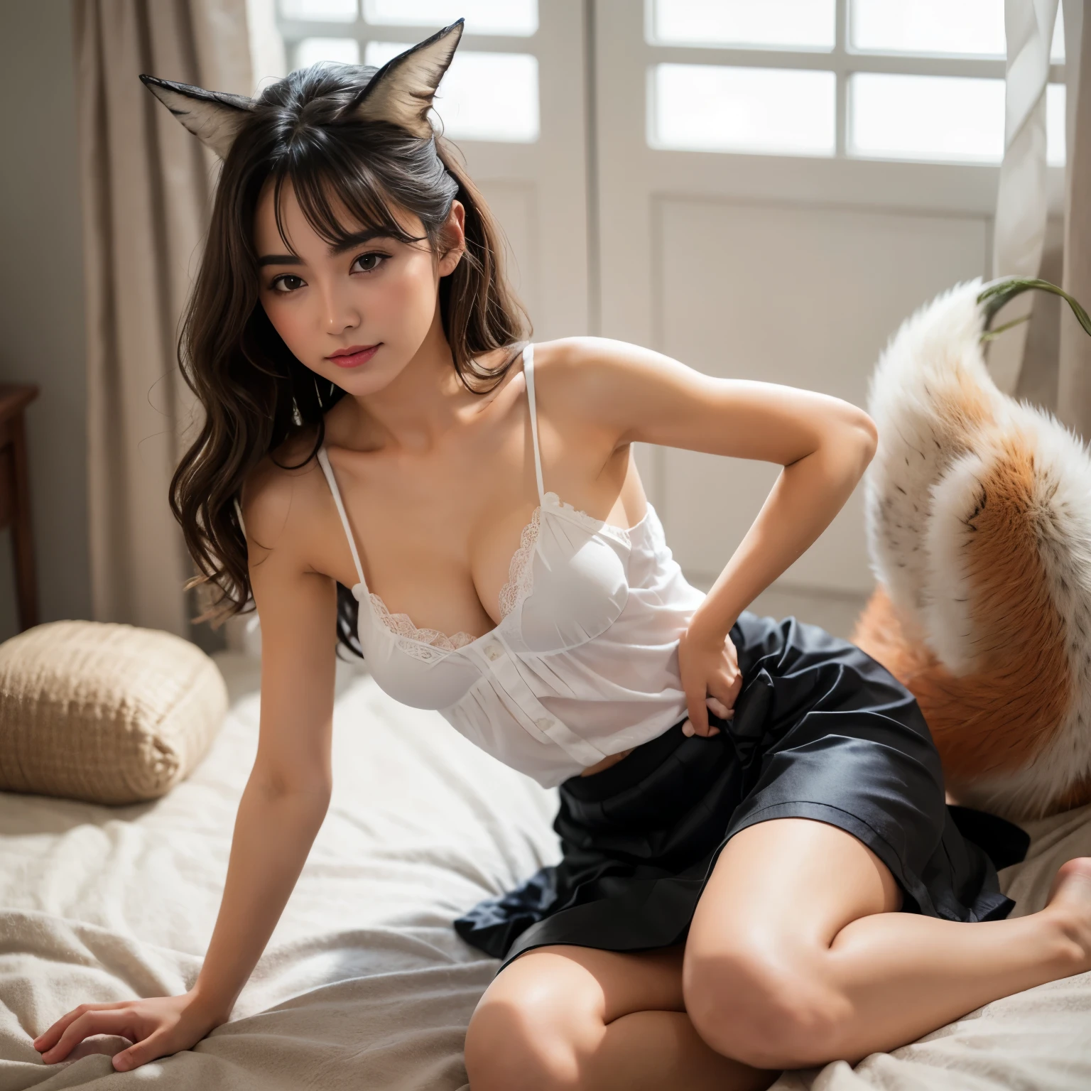 Girl with a furry tail , Fox tail, tail, collared shirt,table top, 最high quality, figure, Ultra-detailed, finedetail, High resolution, 8k wallpaper, 完璧なダイナミックな構figure, Beautiful detailed eyes,Full body shot,Show me your whole body、thin and transparent、long gray hair, ,smile,Harajuku、20 year old girl、eyeliner、beautiful bangs、hair between eyes、最high quality、ultra-detailliert、film light、intricate-detail、High resolution、ighly detailed))、detailed background、8KUHD、Digital single-lens reflex camera、soft light、high quality、film grain、Fujifilm XT3 、shallow depth of field、natural soft light、Kamimei、I looked at my knees., sexy shot looking at camera、on the leg、Full body shot facing the camera、look back、(The fox's tail is pushing up the skirt:1.9)、(small breasts:1.9), long thick and bushy tail、His coccyx has grown into a fox tail.、The tail-like tail is pointed towards the camera to show off.