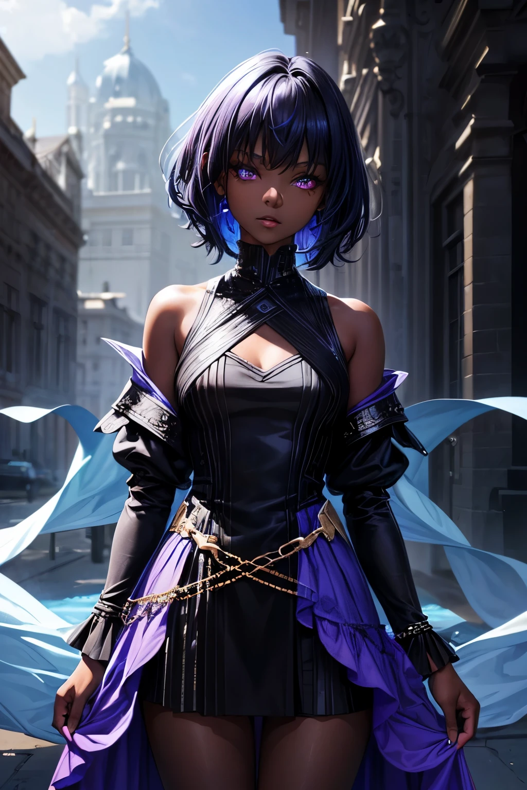 realistic, girl (black skin) small height 1.60, short hair (eye color different purple and blue) hair color (black with blue tips) clothing (celestial dress of matte black color)