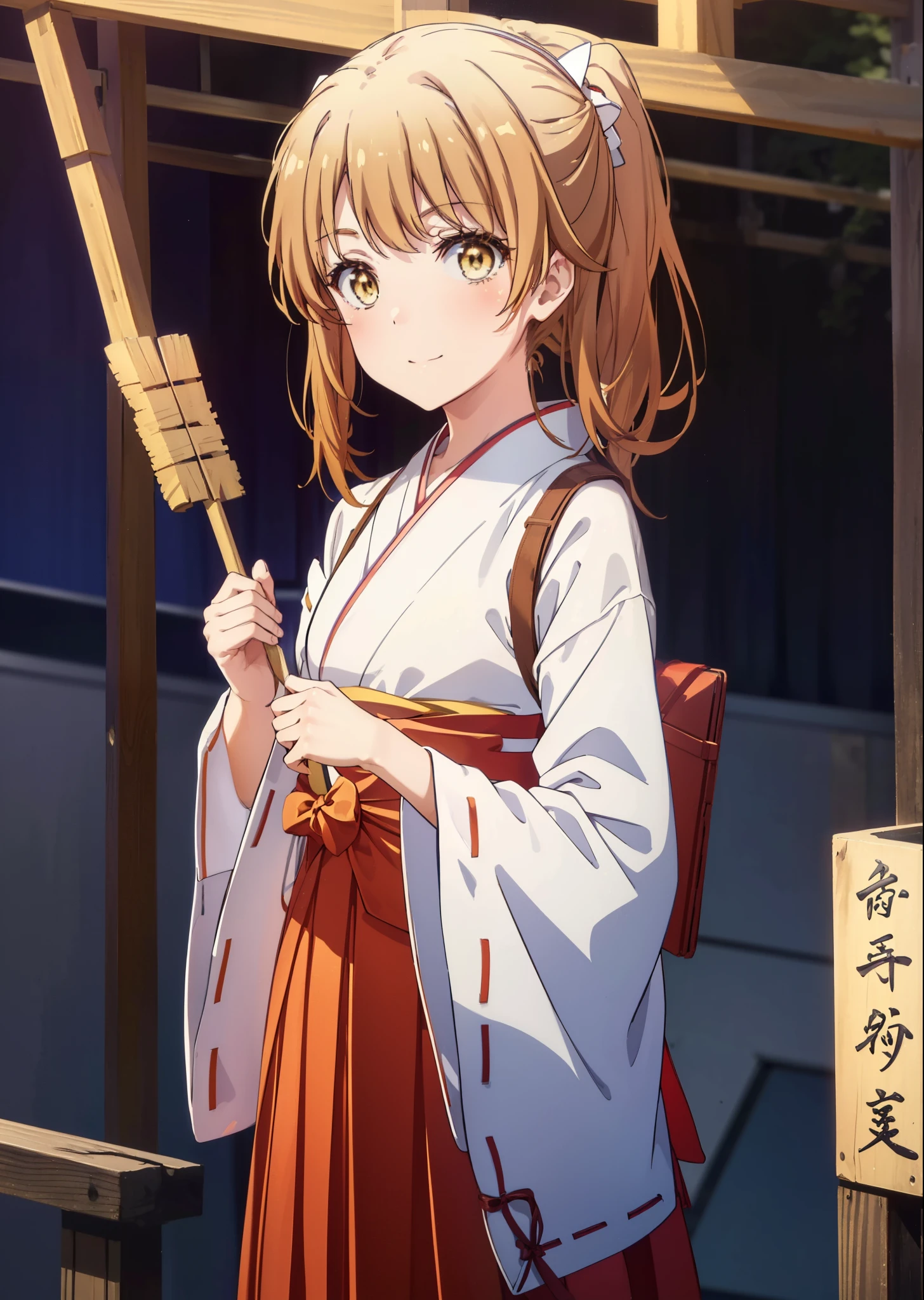 irohaisshiki, iroha isshiki, long hair, brown hair, (brown eyes:1.5), smile,blush,Platycodon,Miko, kimono, kimono, long red hakama,white foot bag,Zori sandals,same as skirt, wide sleeve, long sleeve, ribbon trim sleeves,  low ponytail, looking at the viewer, Are standing, torii,morning,morning日,the sun is rising,
break outdoors, shrine,
break looking at viewer,Upper body,
break (masterpiece:1.2), highest quality, High resolution, unity 8k wallpaper, (figure:0.8), (detailed and beautiful eyes:1.6), highly detailed face, perfect lighting, Very detailed CG, (perfect hands, perfect anatomy),