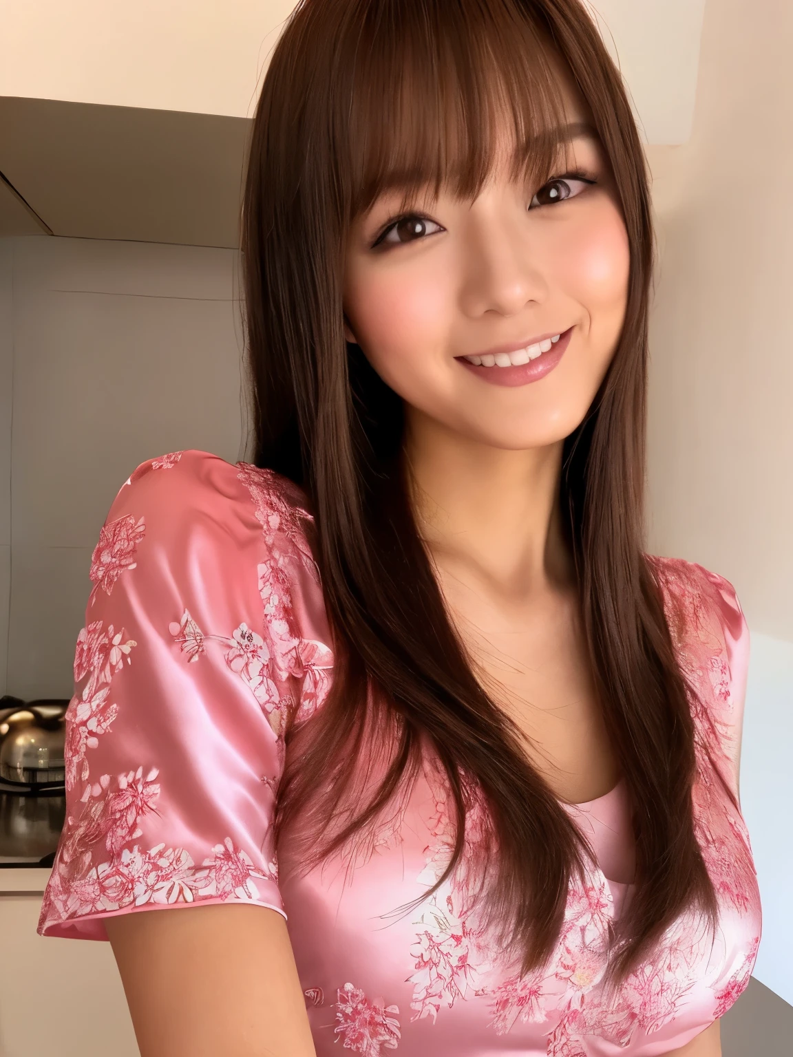 masterpiece, 1 woman per photo, upper body shot, View from the front, young beautiful japanese woman, hyper pretty face, 18-year-old, She is wearing a short-sleeved silky satin pink cheongsam with floral embroidery。, big breasts, sweaty body, glossy lips, big smile, gorgeous appearance, stand in the kitchen, double eyelids in both eyes, natural makeup, long eyelashes, shiny smooth light brown hair, asymmetrical bangs, tanned skin, head in frame, center image, 8K resolution, high detail, detailed hairstyle, detailed face, great cinematic lighting, octane rendering, lively, surreal, perfect limbs, perfect anatomy