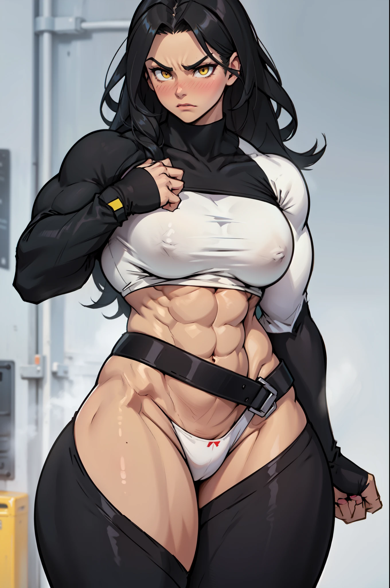 1girl (((muscular toned body))) large breasts thick thighs wide hips curvy abs black hair yellow eyes very long hair pale skin voluptuous angry blush leggings tight shirt long sleeve