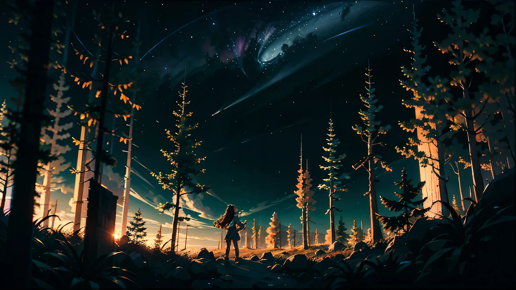 Ultra high-definition, 16K, realistic, a serene and fantastical night scene of a forest under a starry sky with dimly lit illumination.
