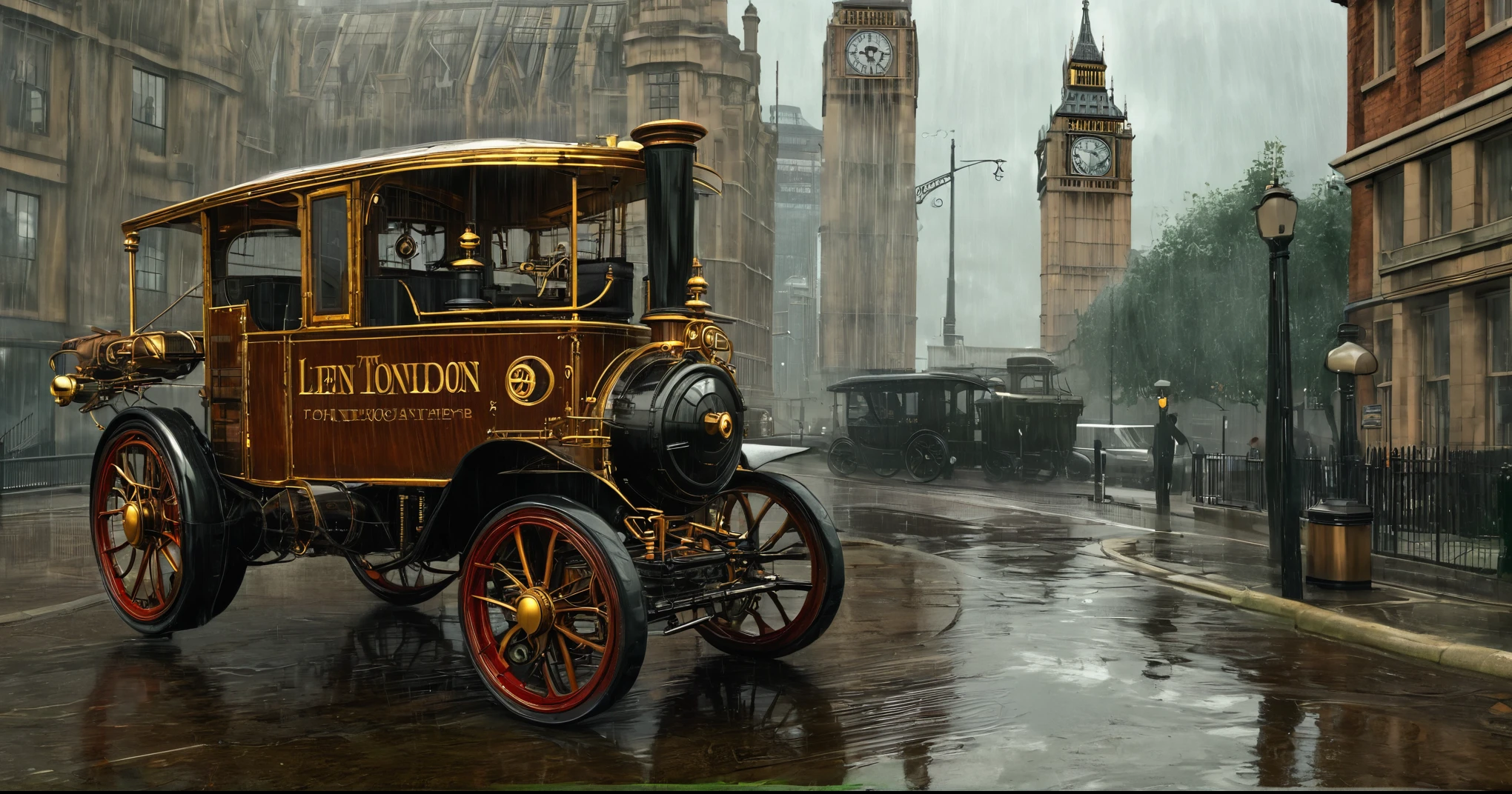 A highly detailed steampunk vehicle in 1908 the weather is raining in the little station streets and old steampunk buildings around with the Big Ben Tower in the background Steampunk London