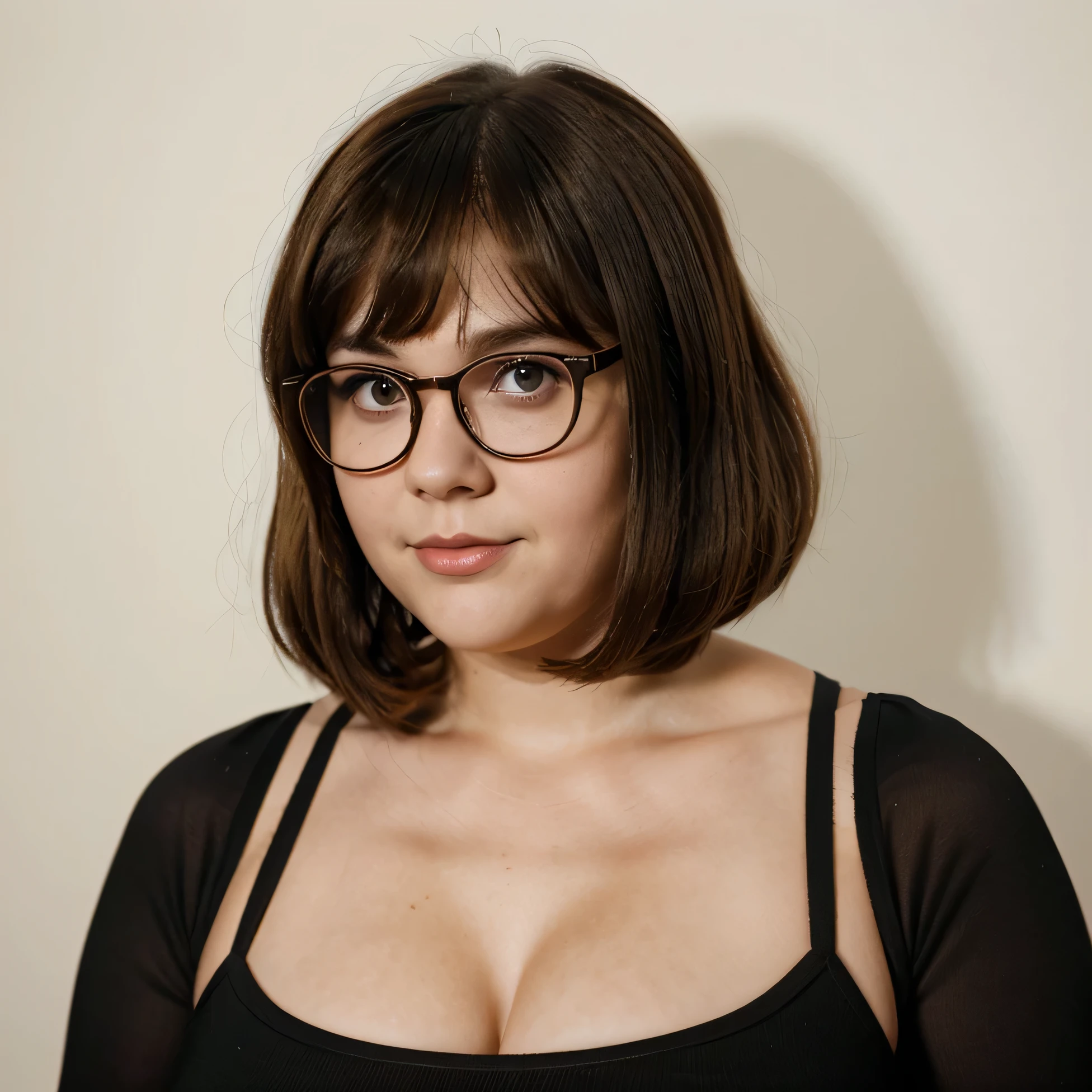 Velma Dinkley from Scooby Doo face up close pageboy hairstyle glasses chubby fat face pores in graphic detail on her chubby oily greasy face innocent looking like face