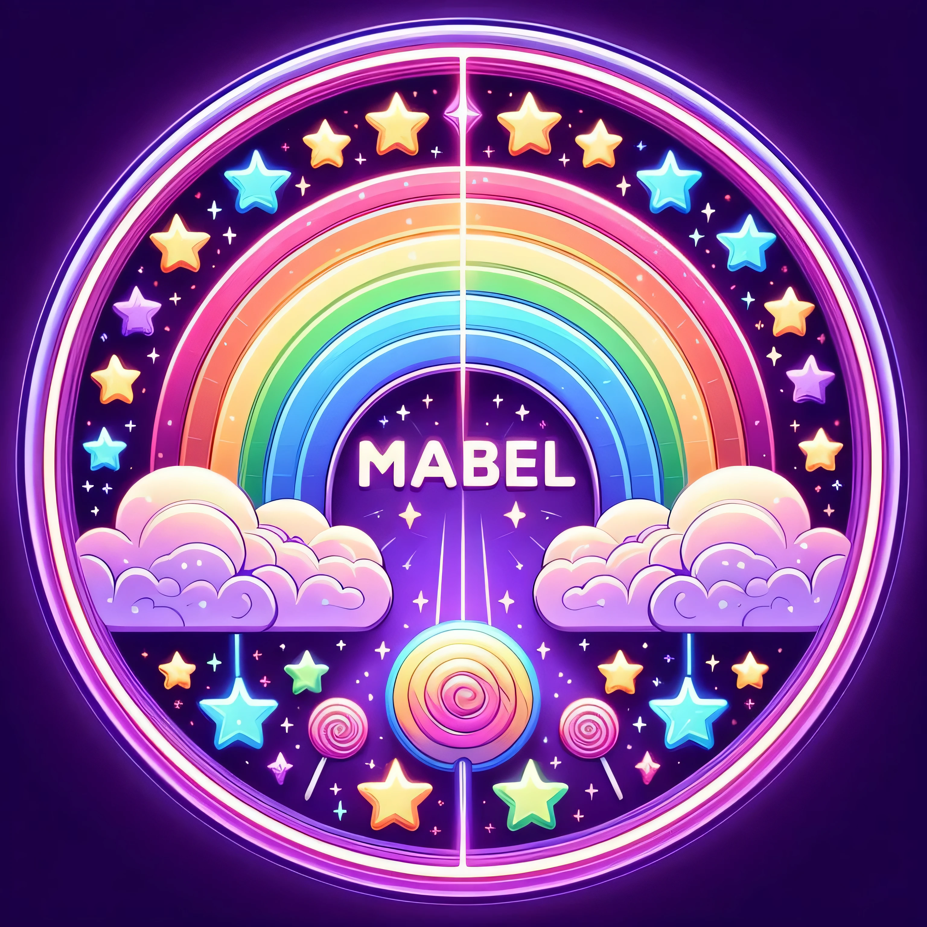 Glowing stars on a purple background, two clouds and a rainbow between them. At the top along the rainbow there is the glowing inscription MABEL