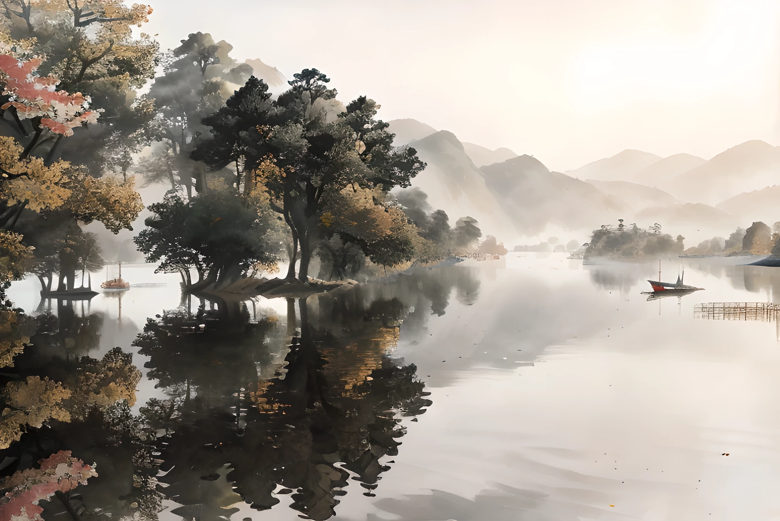 traditional Chinese painting,Chinese traditional landscape painting,ink painting,trees standing in the water,There is a ship in the distance, trees reflecting on the lake, lake, peaceful scene, peaceful scenery, November, lakes, soft water reflection, soft reflection, early morning, October, peace and tranquility, floating trees, peaceful的場景, Inspired by Michael James Smith, smooth reflections, in a peaceful scenery, at sunrise, peaceful