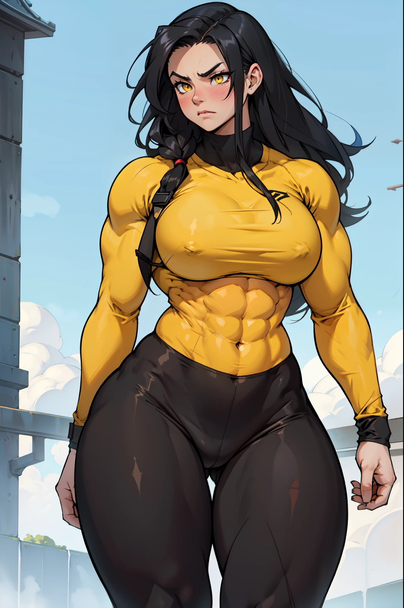 1girl (((muscular))) toned body large breasts thick thighs wide hips curvy black hair yellow eyes very long hair pale skin voluptuous angry blush leggings tight shirt long sleeve