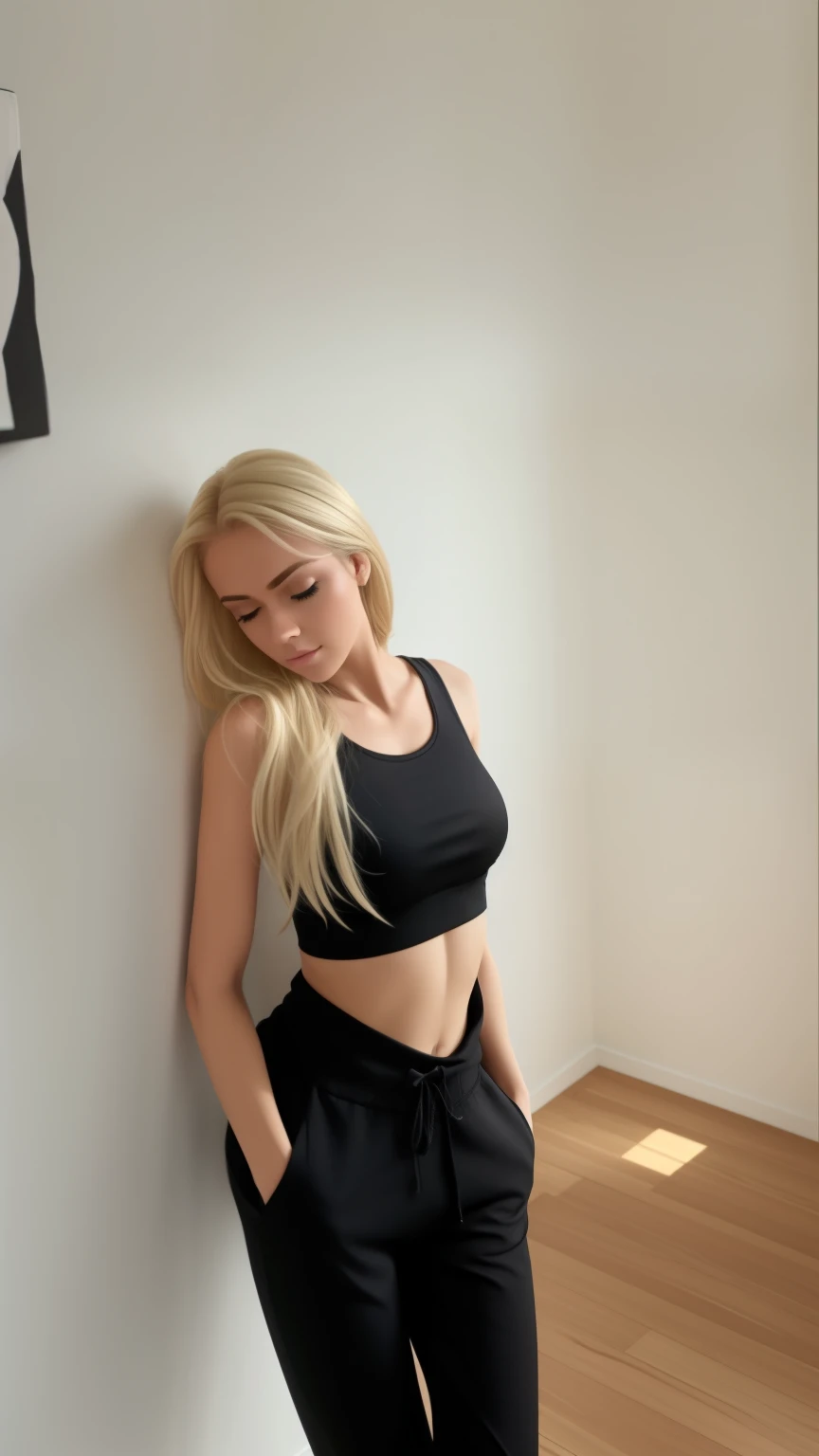 Blonde girl in a black sports bra leans her back against the wall, Anna Nikonova, aka newmilky, Dasha Taran, Alexandra Valishevskaya, yelena belova, Angelina Stroganova, 2, 4 year old female model, Victoria Havrylenko, irina nordsol kuzmina, she's wearing a black T-shirt, Julia Gorokhova