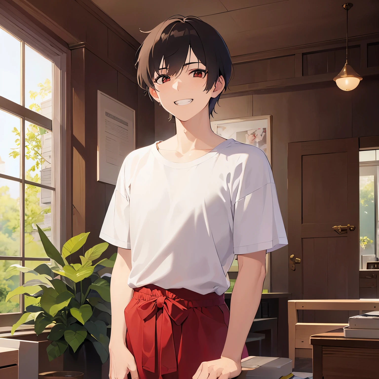masterpiece、highest quality、(25 year old male:1.5) and (brown short hair) and (red eyes), wearing a plain white T-shirt、Are standing、(grin:1.3)、The background is the living room、(Alone:1.5)、Upper body is shown、Are standing