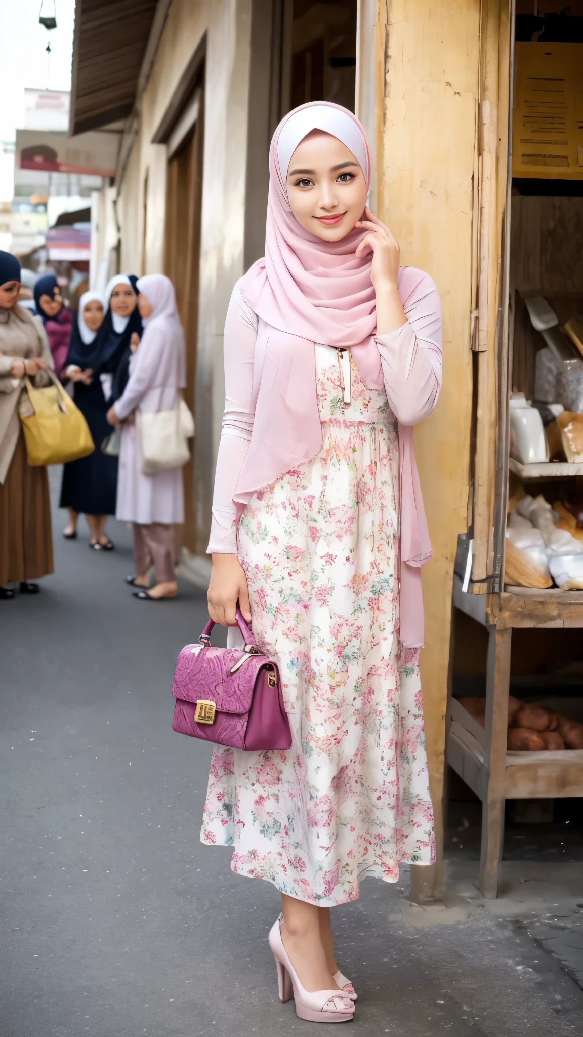 (Best quality, high resolution, masterpiece: 1.3), a cute and beautiful Indonesian guy in hijab, beautifully presented details in the facial and skin texture, detailed eyes, double eyelids, HDR, 8k resolution, nice fingers, perfect hands, perfect feet, firm skin, smooth skin, bright skin,(((high detail skin, visible pores))), 1 male, standing in a market, wearing white Floral Gamis, pink Hijab, a pink purse, Full Body portrait, Beautiful Shy Smile, Wearing High Heels, graceful gesture